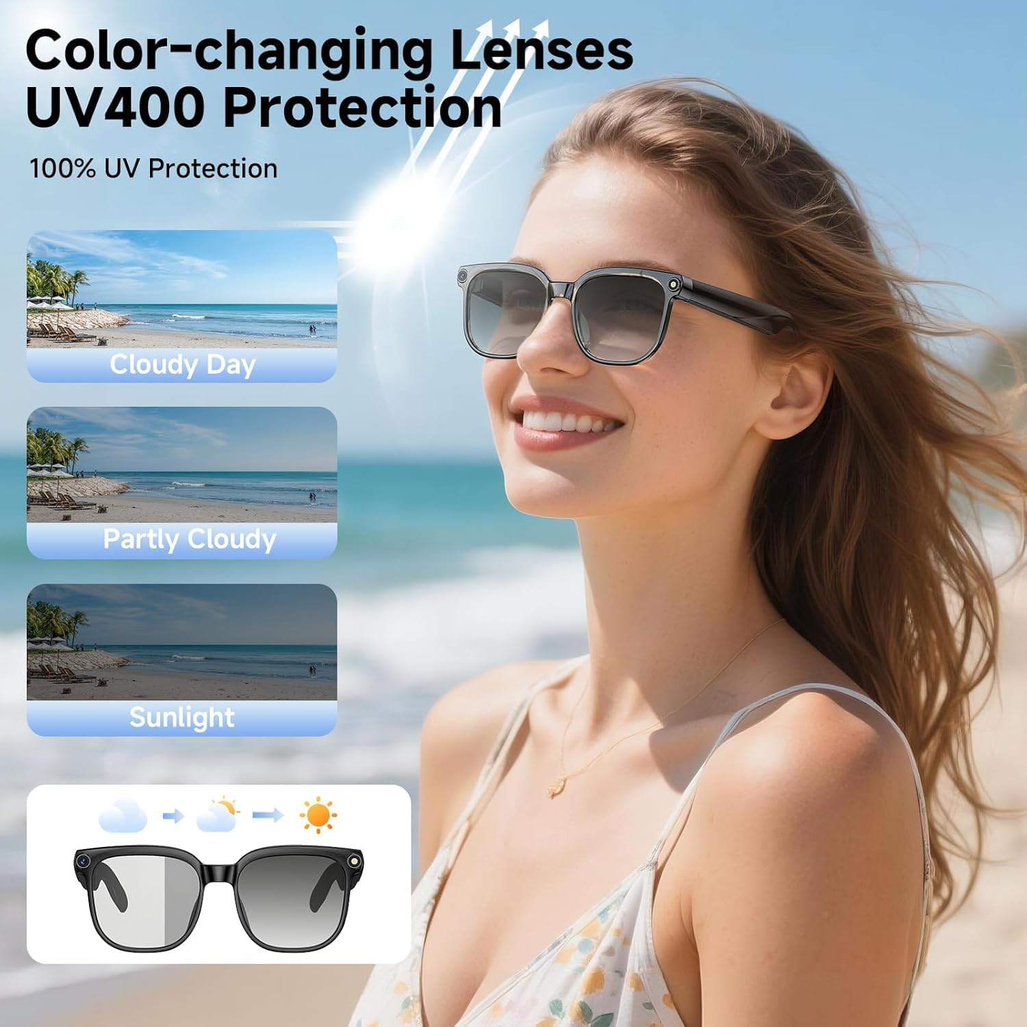 Occhiali da sole intelligenti Bluetooth con fotocamera 1080p, occhiali fotocromatici con protezione UV, Bluetooth 5.4 occhiali con registrazione foto/video/audio, per vlogging, ciclismo