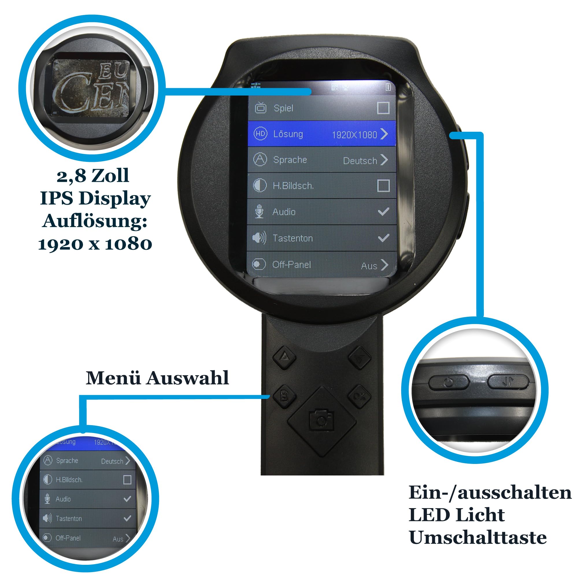 EasY Magnifier Digital Mikroskop Lupe mit USB, Aufladbares Handmicroskop mit 2,8 Zoll IPS Display & 15 LED Licht, Reale 500fache Vergrößerung für Schmuck, Münzen