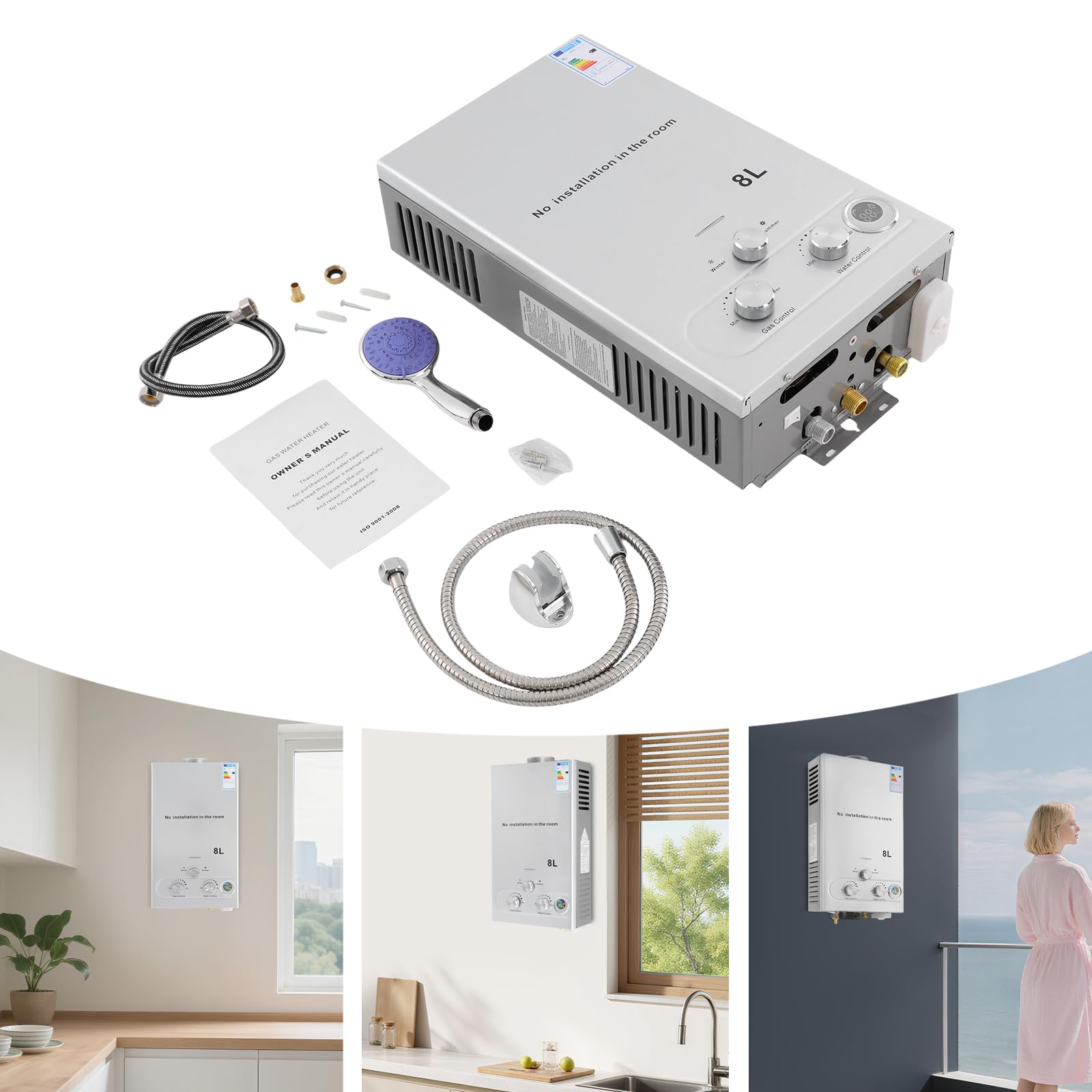 Chauffe-eau à gaz, chauffe-eau de 24KW avec régulation intelligente de la température par CPU, chauffe-eau à gaz portable pour l'extérieur, chauffe-eau sans réservoir pour la maison, les camping-cars