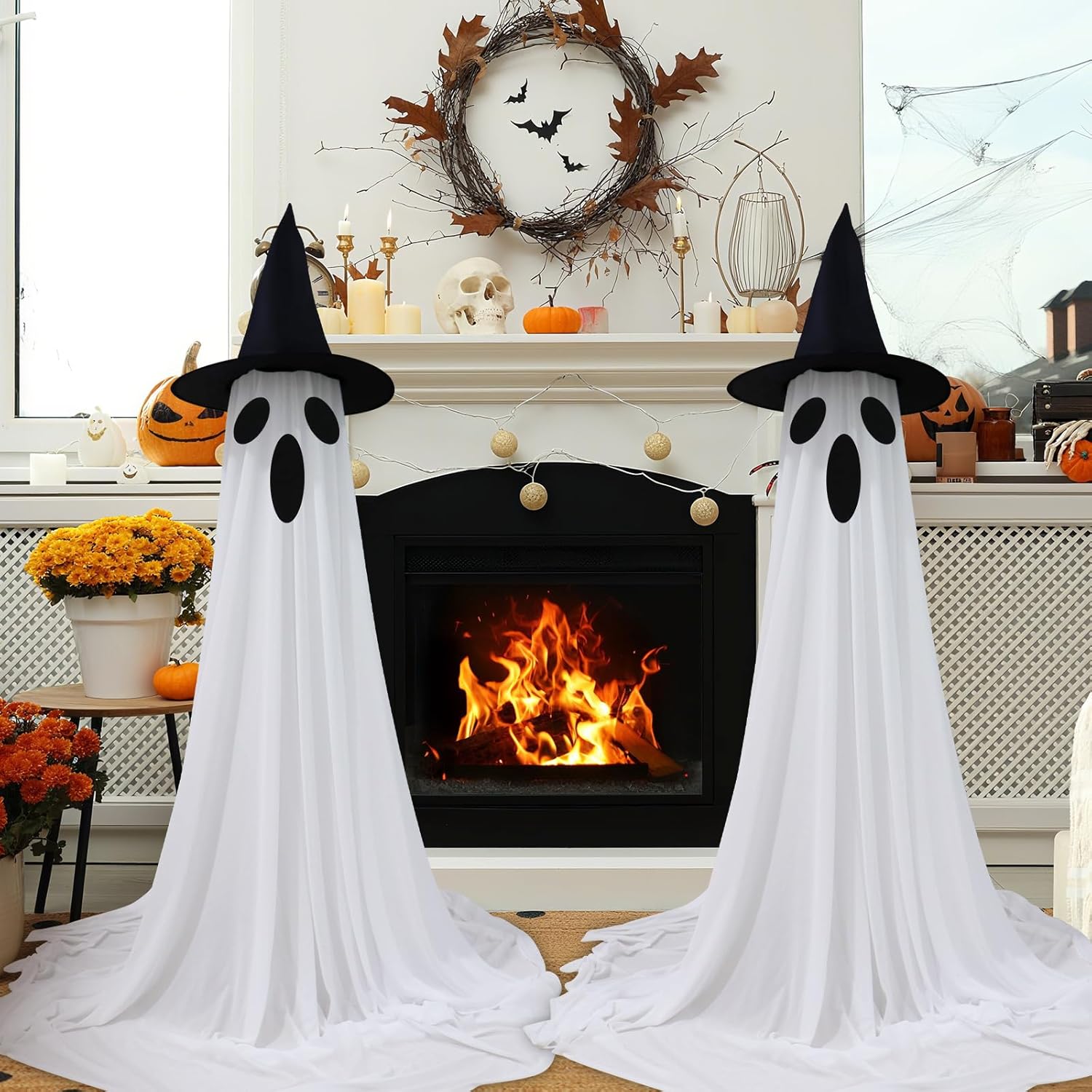 2PCS Halloween Ghosts Decorations Outdoor/Indoor, Large Adjustable Height Lighted White Cloth Ghosts with Adjustable String Lights Battery Operated Halloween Party Home Porch Yard Decorations