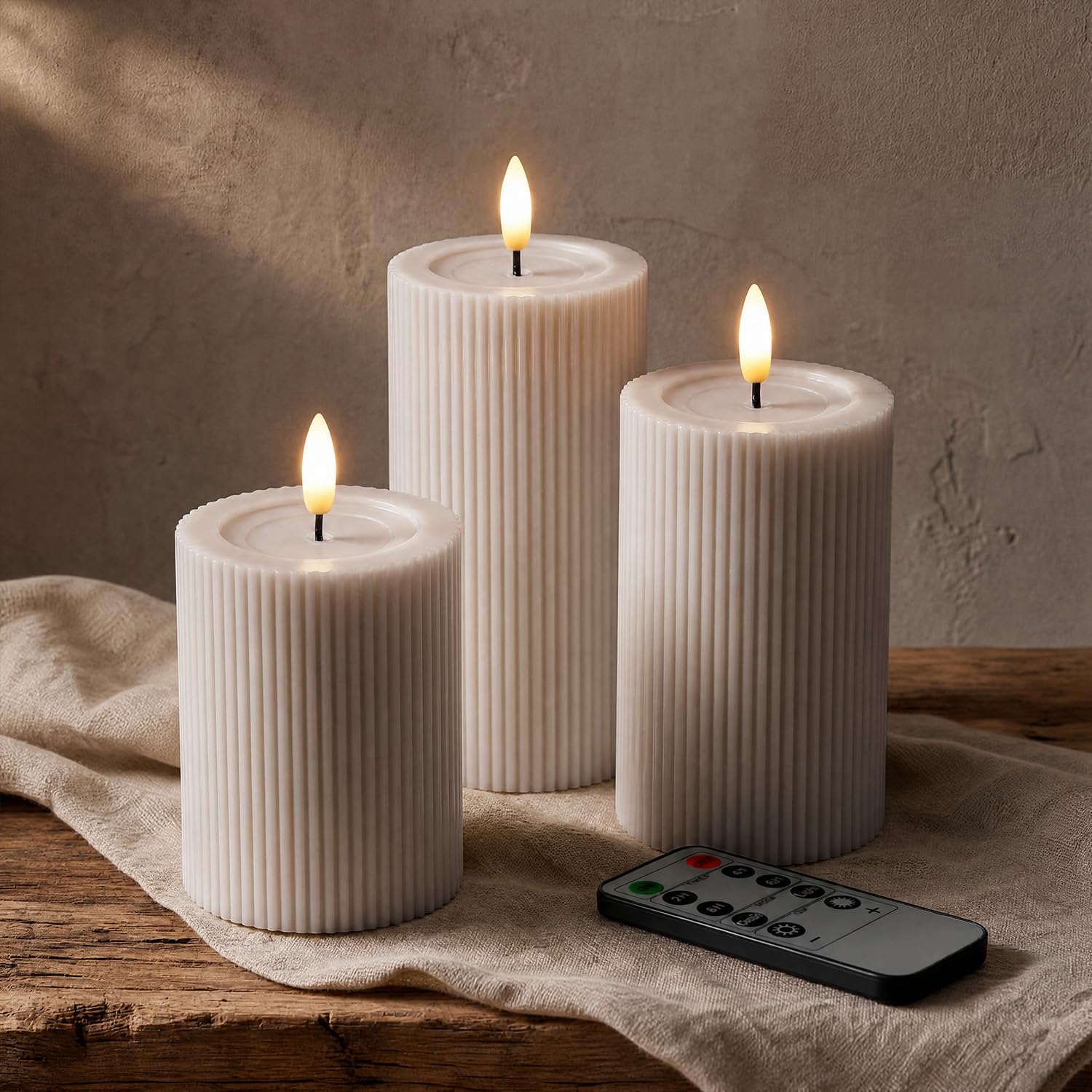 West Ivory Fluted Ribbed LED Pillar Candles, Cream Beige, with Reflective Melted-Wax Effect – Flickering Flame, Remote, Dimmable, Flameless, Battery Operated, Home & Wedding Decor (Set of 3)