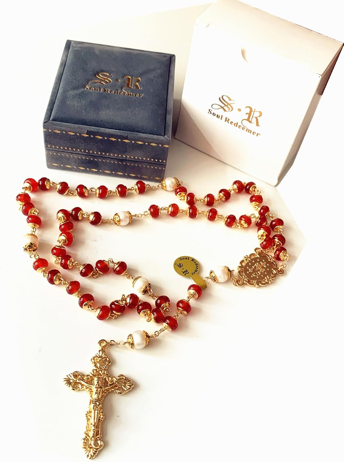 Soul Redeemer Handmade Red Agate & Natural Pearl Prayer Rosary Crucifix Beads Catholic Gift Gold