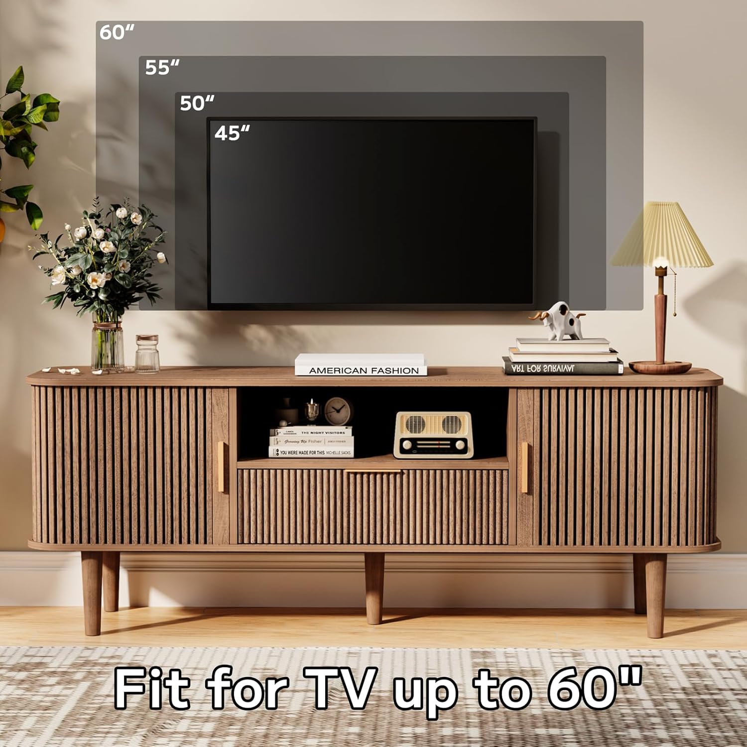 Fluted TV Stand, 55 Inch Mid Century Modern Media Console Table with Sliding Tambour Door Farmhouse Sideboard Buffet Cabinet Fits TVs up to 75 inch, Wood Entertainment Center for Living Room - Image 3