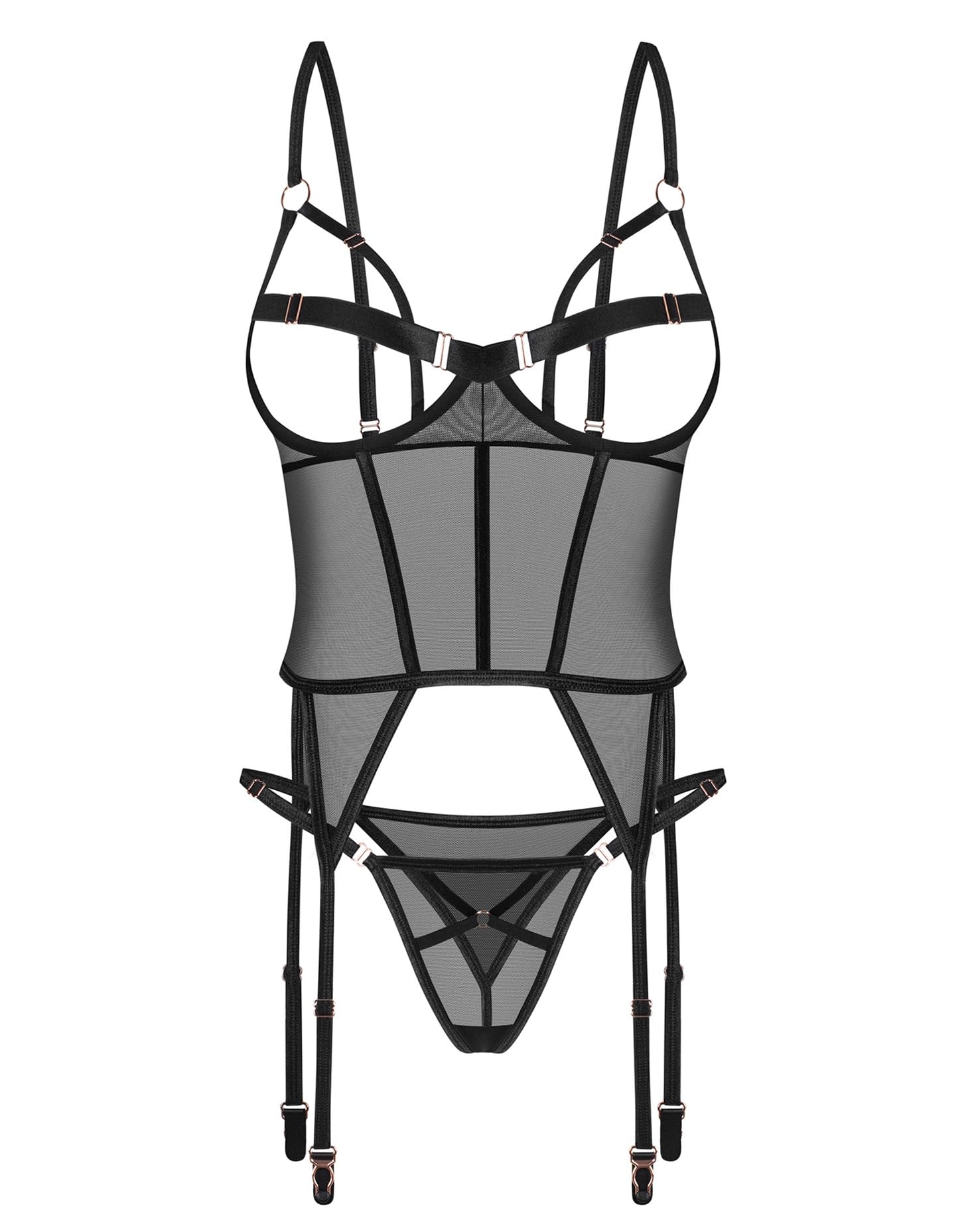 Selente Love & Fun Malizioso completo intimo a 3 pezzi: guepiere, tanga ed esclusiva benda per occhi in raso. Made in EU.