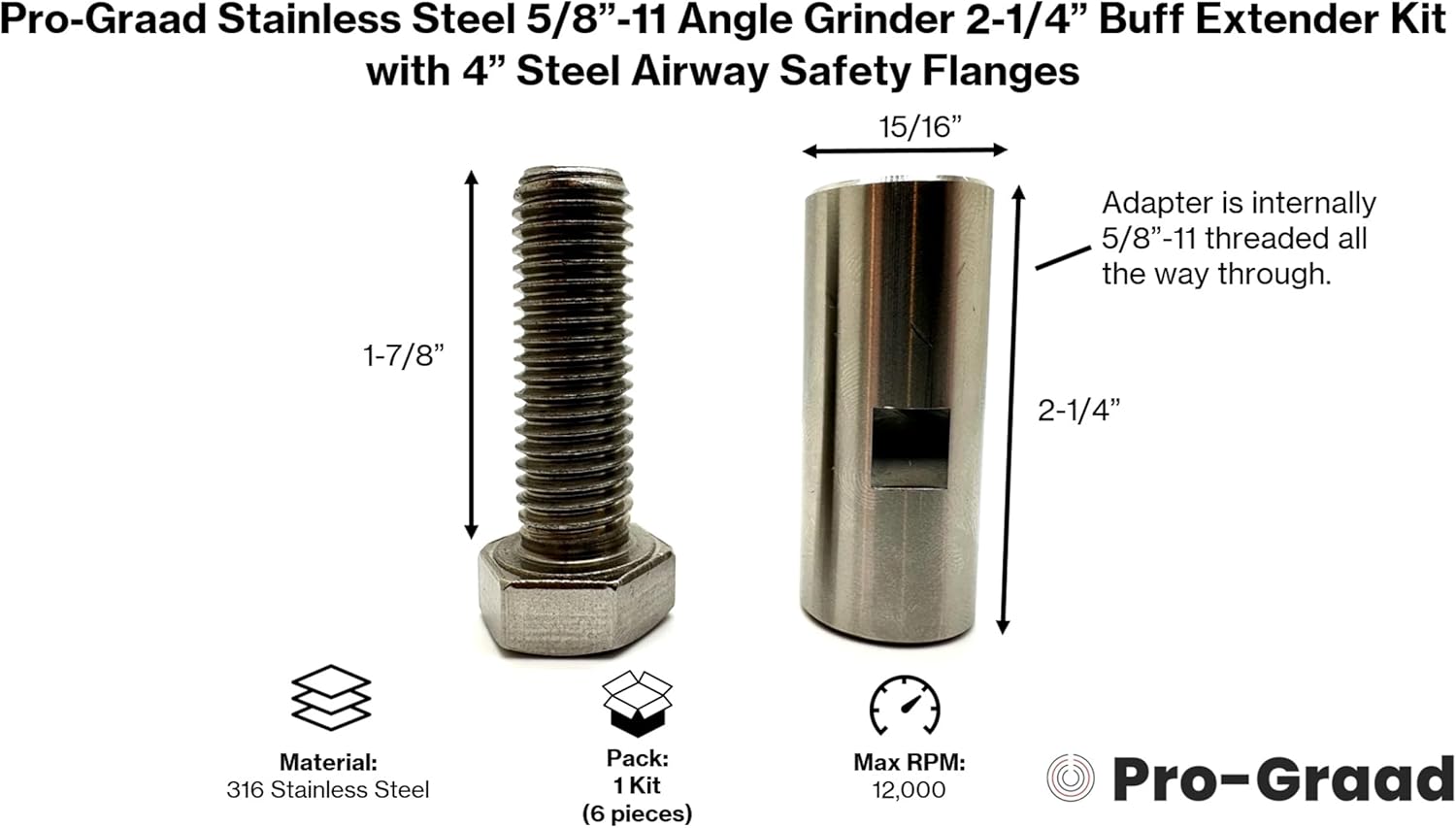 Stainless Steel 5/8”-11 Angle Grinder Buff Extender Kit, Airway Buffing Polishing Wheel 2-1/4” Extension Shaft, Threaded Arbor Extension Adapter with 4” Steel Airway Safety Flanges