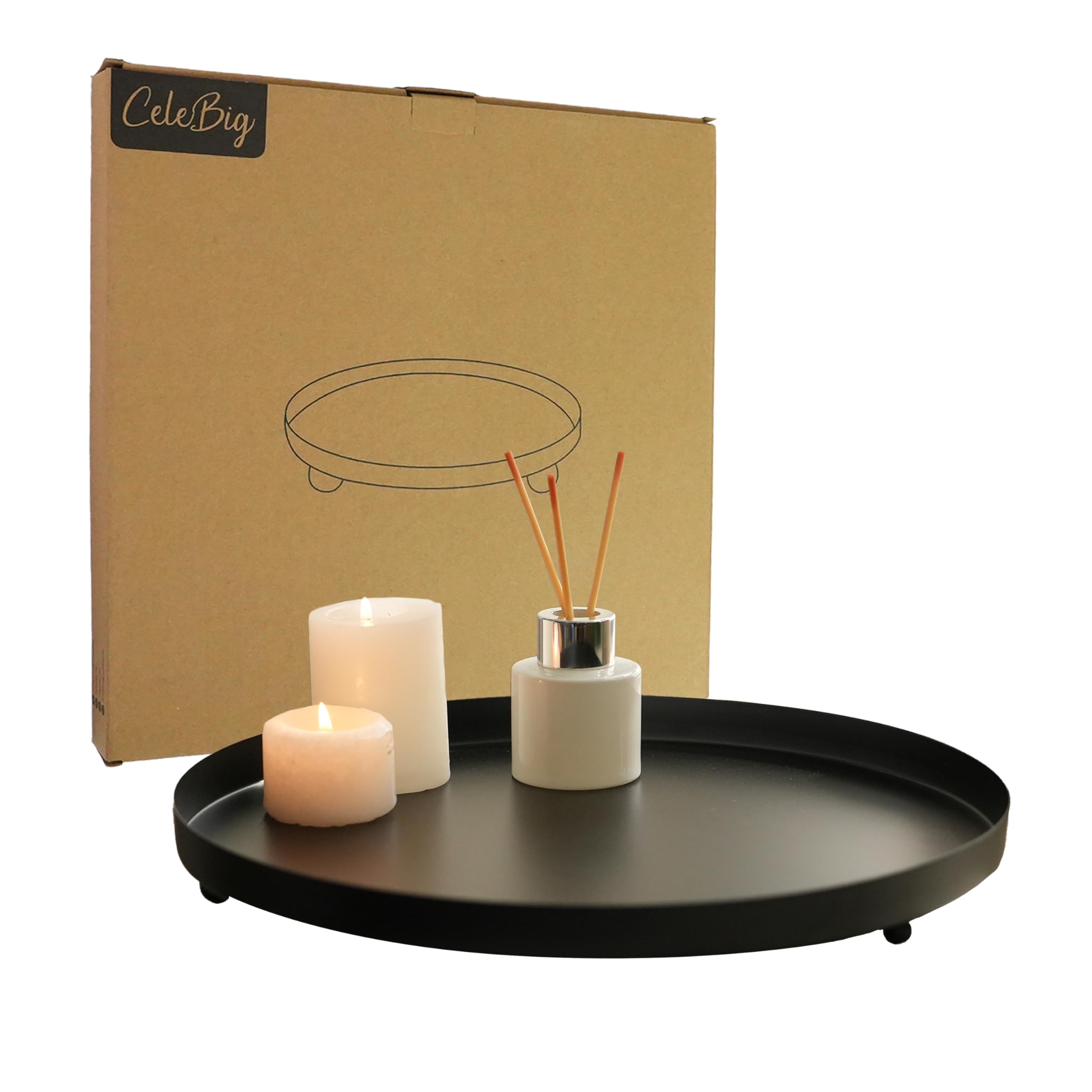 Bandeja decorativa redonda de 40 cm de diámetro, plato decorativo y bandeja decorativa de metal negro con 3 patas estables, bandeja para servir, color negro mate, decoración de mesa, soporte