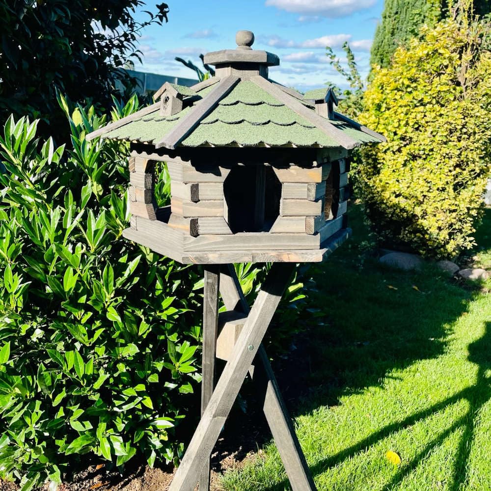 Vogelhuis met houten standaard, weerbestendig, vogelvoerhuis, voederstation voor wilde vogels, vogelvoeder voor de tuin, balkon (Bruin Natuurlijk