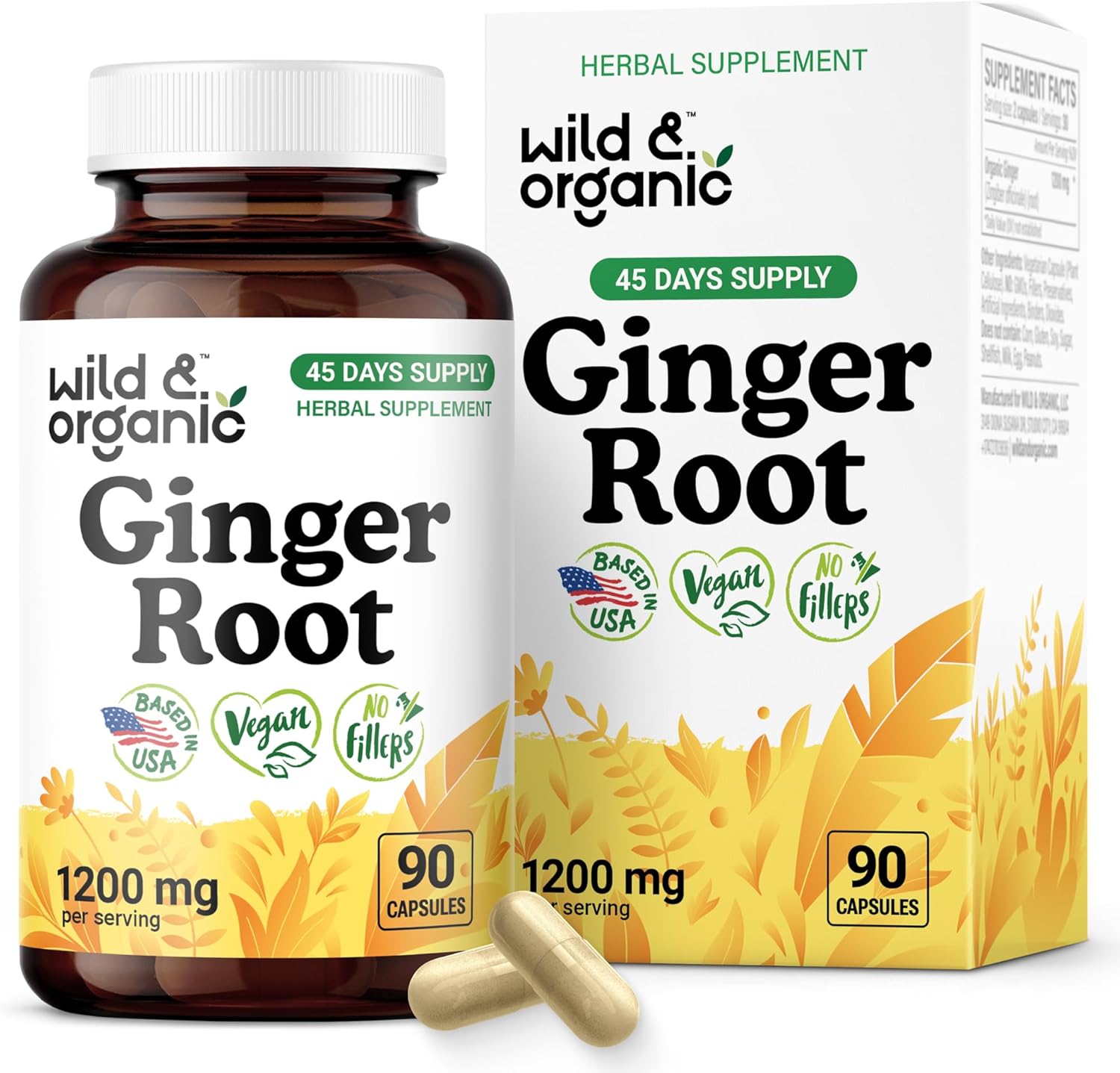 Wild & Organic Ginger Root Capsules 1200 mg - Immune & Digestive Support - Natural Ginger Supplements - Zingiber Officinale Powder - 45 Days of Supply - Vegan, No Fillers, Non-GMO - 90 Count