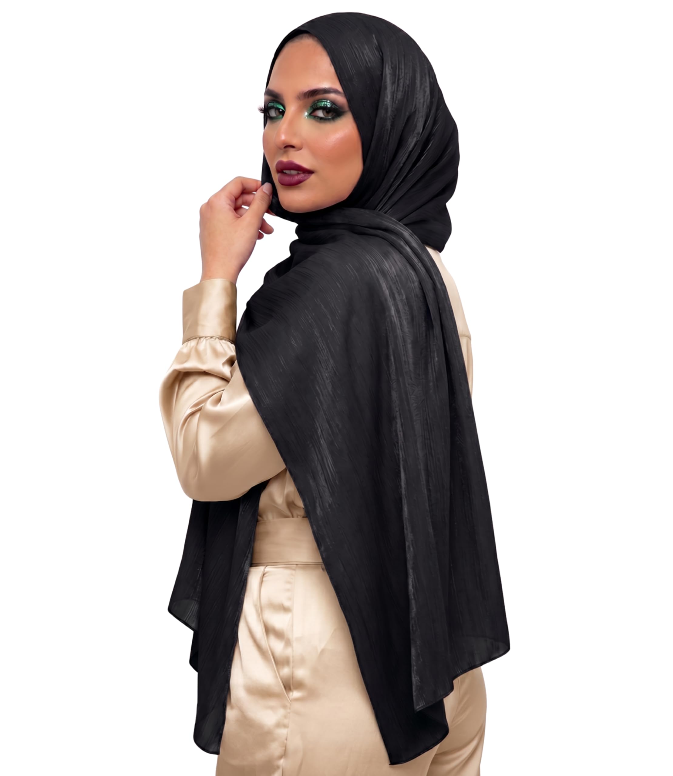 Crinkled Scarf - Summer Ladies Scarves, Shawls & Wraps - Hijab for Women & Girls - Soft, Lightweight and Breathable - Head Scarf for Evening Dress - Plain Shiny Shimmer Neck Headscarf Wrap - 180 x 73