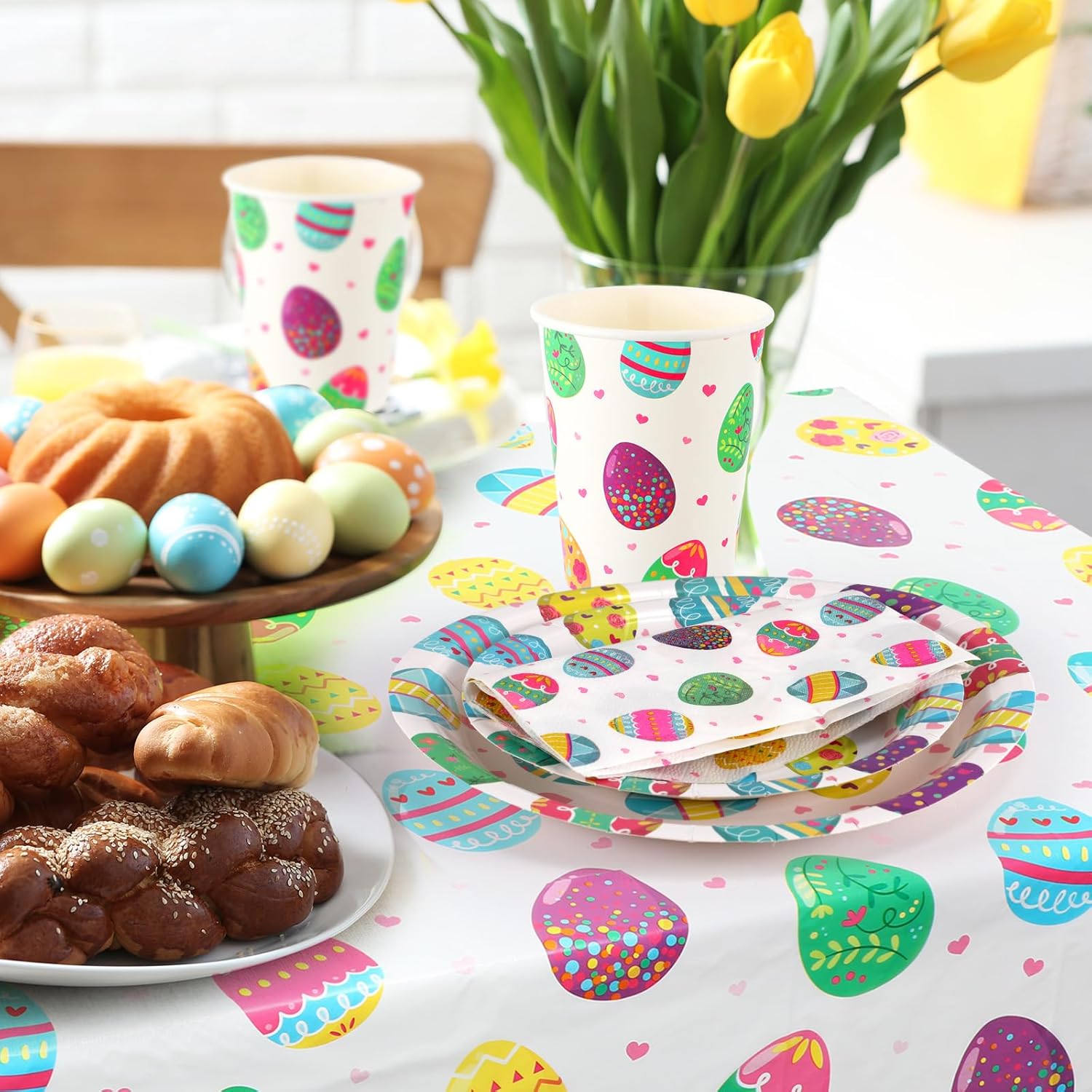 Layhit 202 Pcs Easter Party Supplies Set for 50 Guests, 9" Bunny Egg Dinner Plates 7" Dessert Plate and Napkin 9 oz Paper Cup 2 Pcs Plastic Tablecloth Disposable Tableware for Spring Party Favor