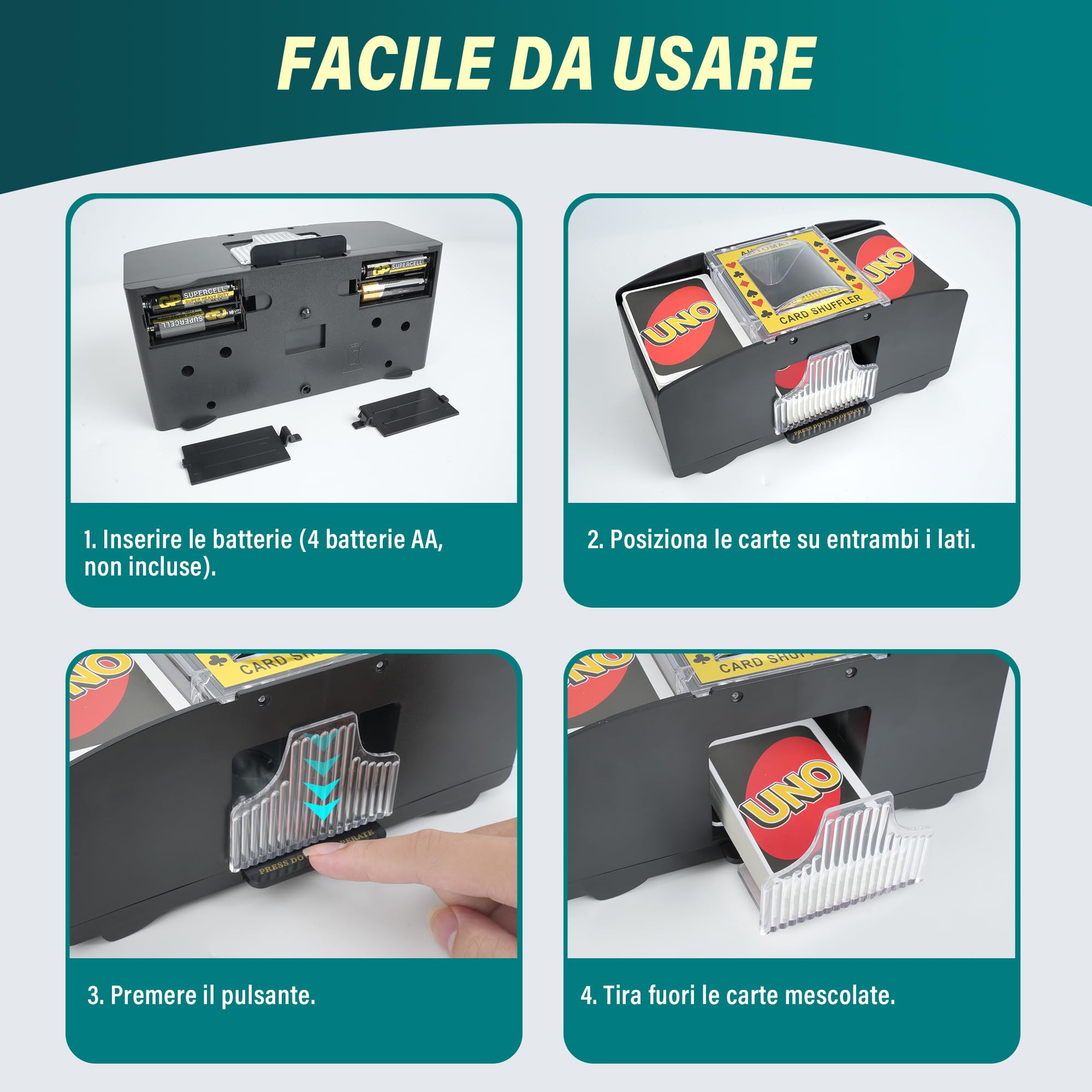 Cheerhom Mischia Carte Automatico, Mescolatore Cartes da Gioco Elettrico per 1-2 Mazzi, Distributore Cartes da Gioco Elettrico per UNO, Poker, Blackjack - USB + Funzionamento a Batteria