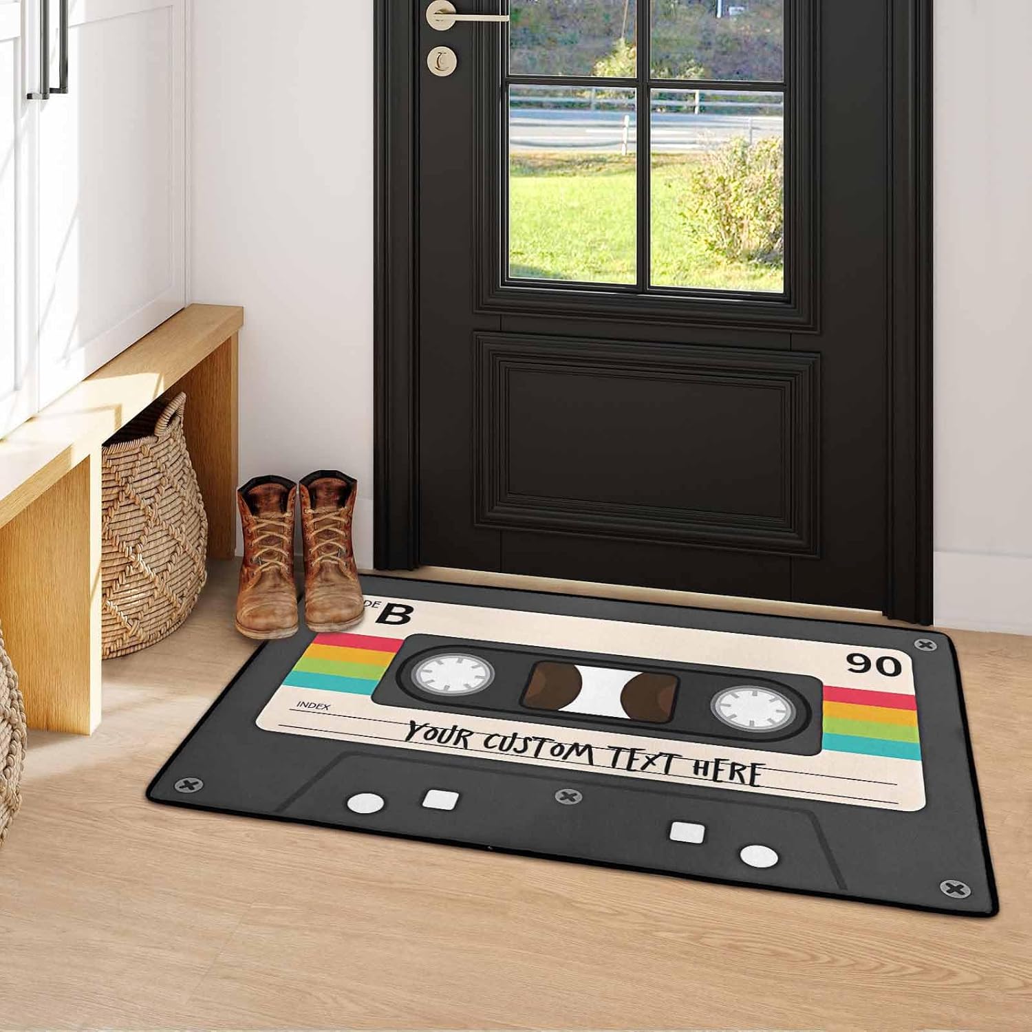 Custom Retro Cassette Tape Printed Area Rugs for Bedroom Personalized Vintage Music Casette Floor Mats for Home Decor Custom Non-Slip Carpet Indoor Mat Gift for Music Lovers Made in USA