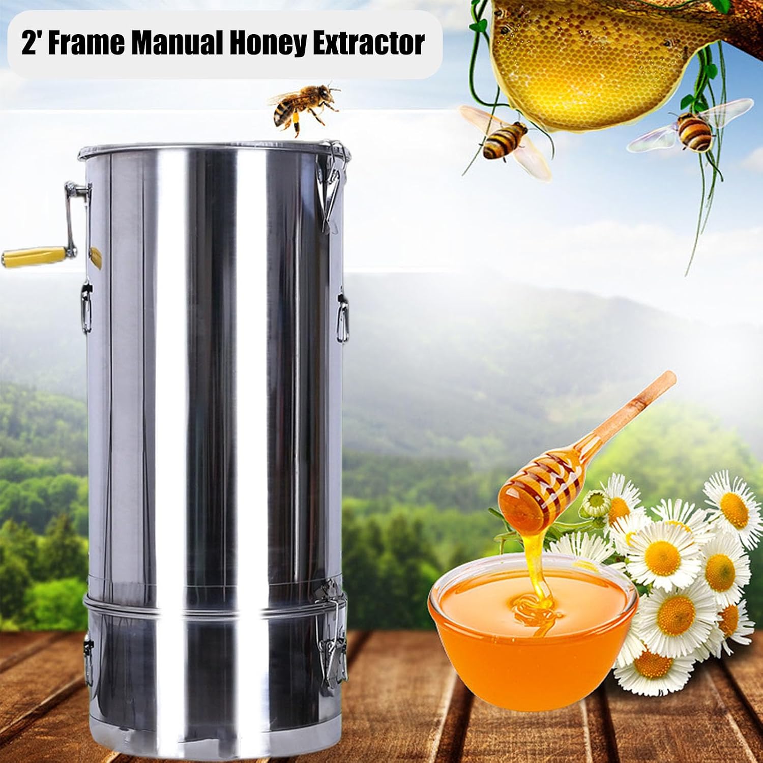 Honey Extractor 2 Frames, 304 Stainless Steel Honey Extractor Manual, The bottom can filter honey with Stainless Steel Cover and Handle, for Apiaries and Family Use,2 frame