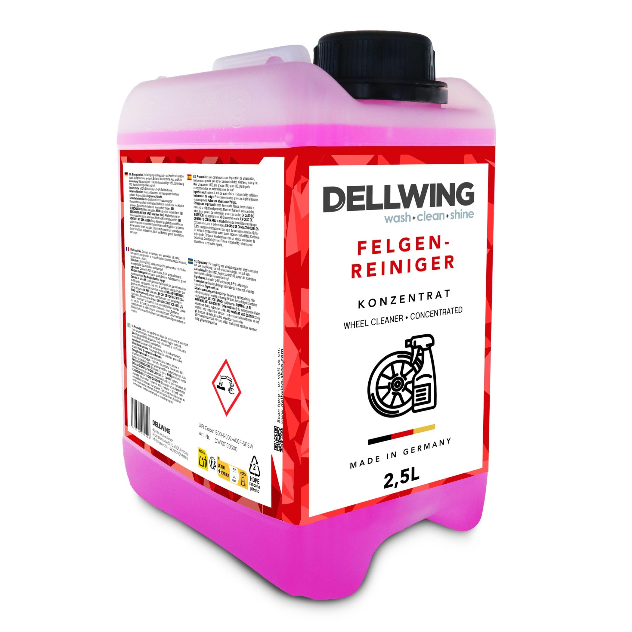 Dellwing Felgenreiniger Konzentrat 2,5 l, hoch alkalischer Reiniger für alle Felgenarten, säurefrei, Auto-Zubehör, Made in Germany