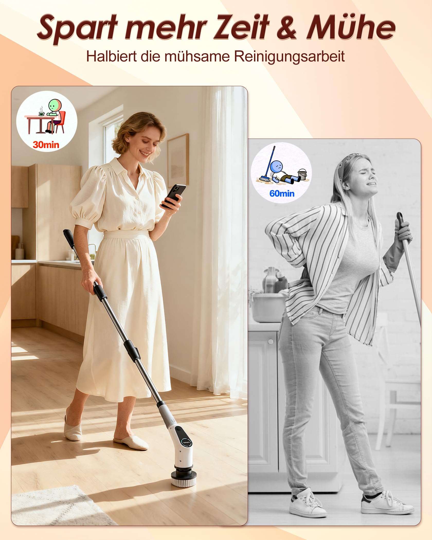 Elektrische Reinigungsbürste, 8 in 1 Electric Cleaning Brush mit austauschbaren Bohrbürstenköpfen, Wanne mopSet, Elektrische Putzbürste mit Verstellbarem Griff für Bad Küche Auto Fußboden