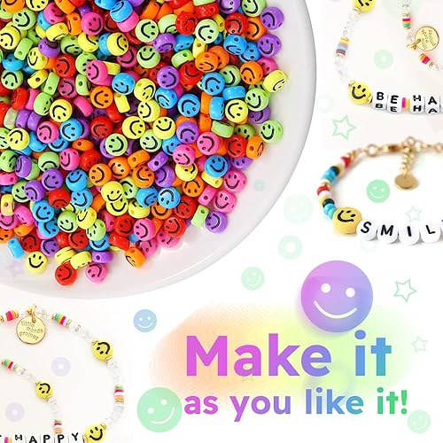 Miniatura 4 de 650 cuentas de cara sonriente, 0.27 x 0.157 pulgadas, paquete grande | Cuentas coloridas mezcladas, cuentas de cara feliz para manualidades, joyas,