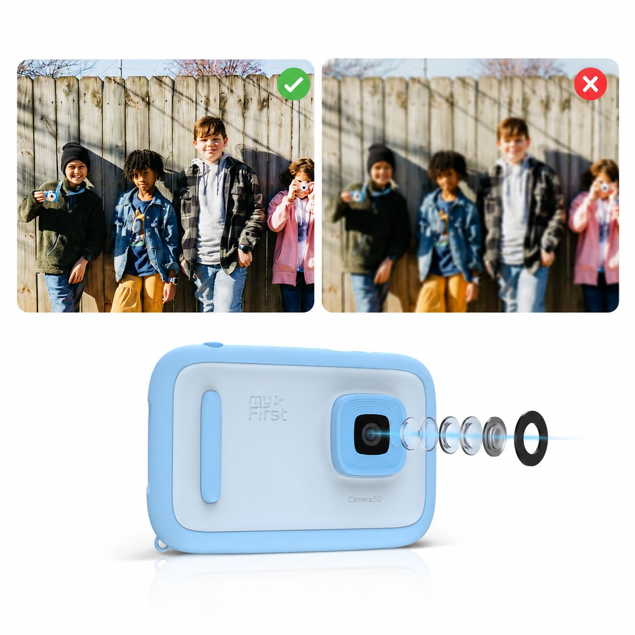 myFirst Cámara 50 - Cámara editora de IA para niños, Fotos de 20 MP, Video 1080P, Lente Frontal y Selfie. Conexión WiFi, Bluetooth, Escucha música. A Partir de 5 años. Conexión con myFirst Circle.