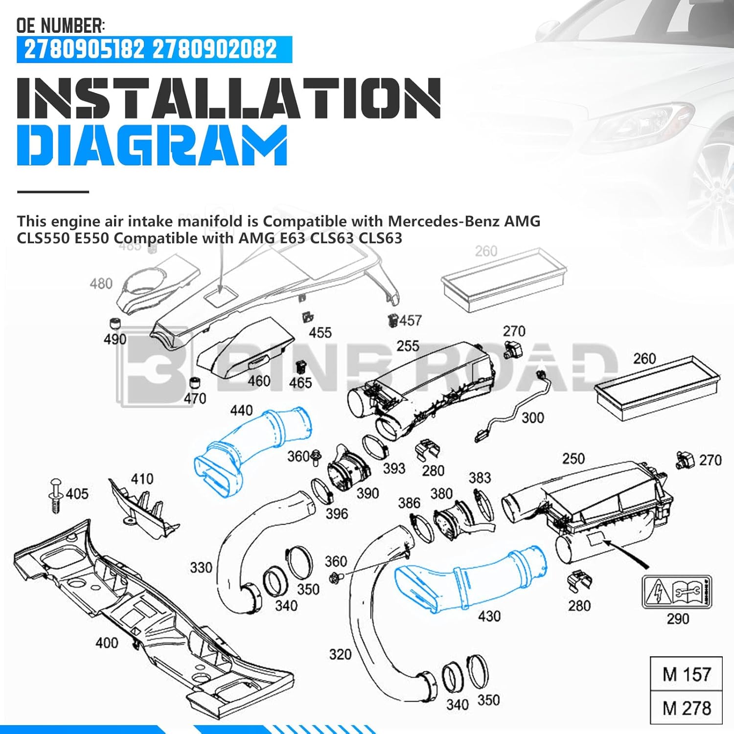 Pair of Engine Air Intake Duct Hose Pipe 2780905182 2780902082 Compatible with Mercedes-Benz AMG CLS550 E550 | E63 CLS63 CLS63