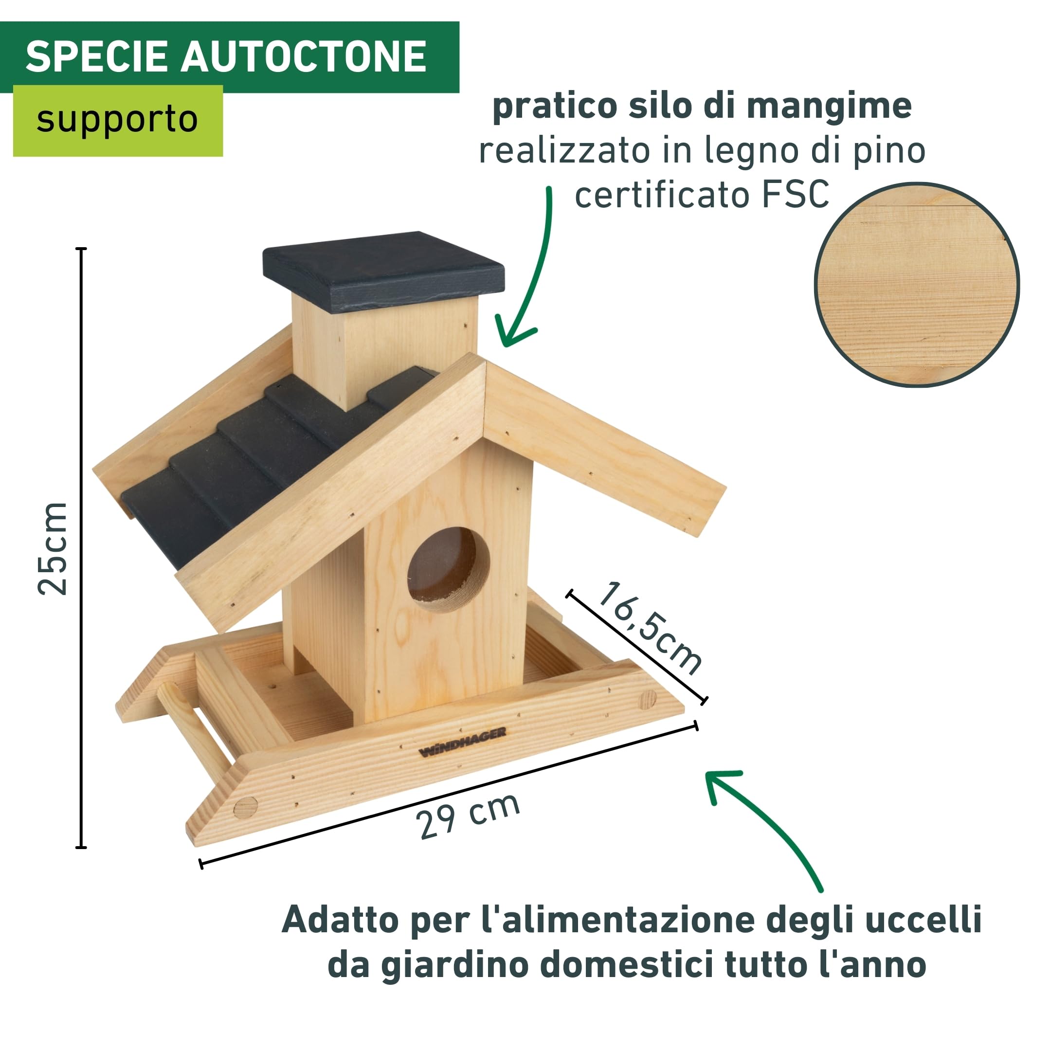 Windhager silo per mangiatoie per uccelli "Finca" - in legno di pino, volume di riempimento 1,25 L - mangiatoia per uccelli, casetta uccellini da esterno
