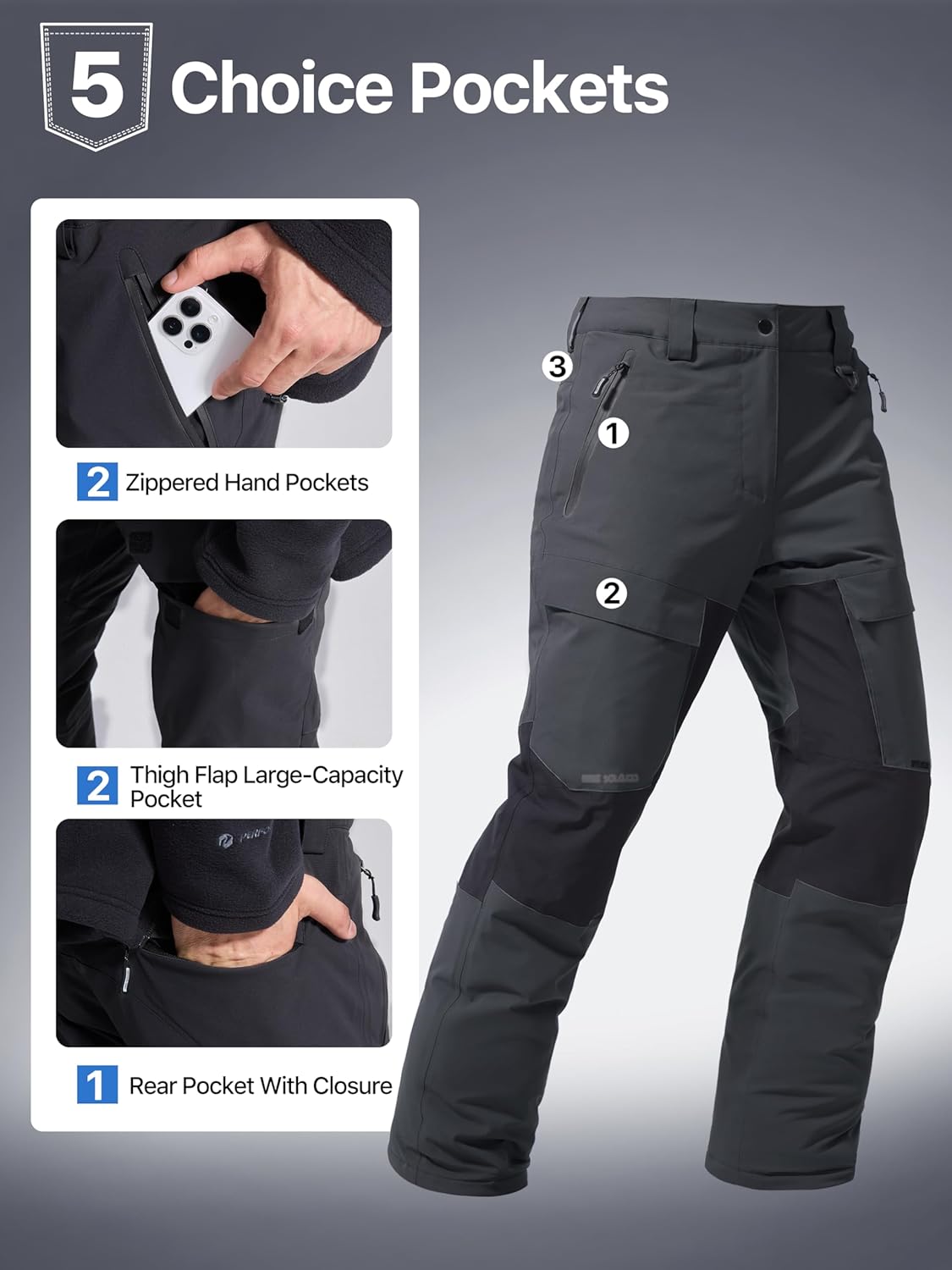 FREE SOLDIER Mens Snow Pants Waterproof Insulated Winter Skiing Snowboarding Pants with Zipper Pockets - Image 4