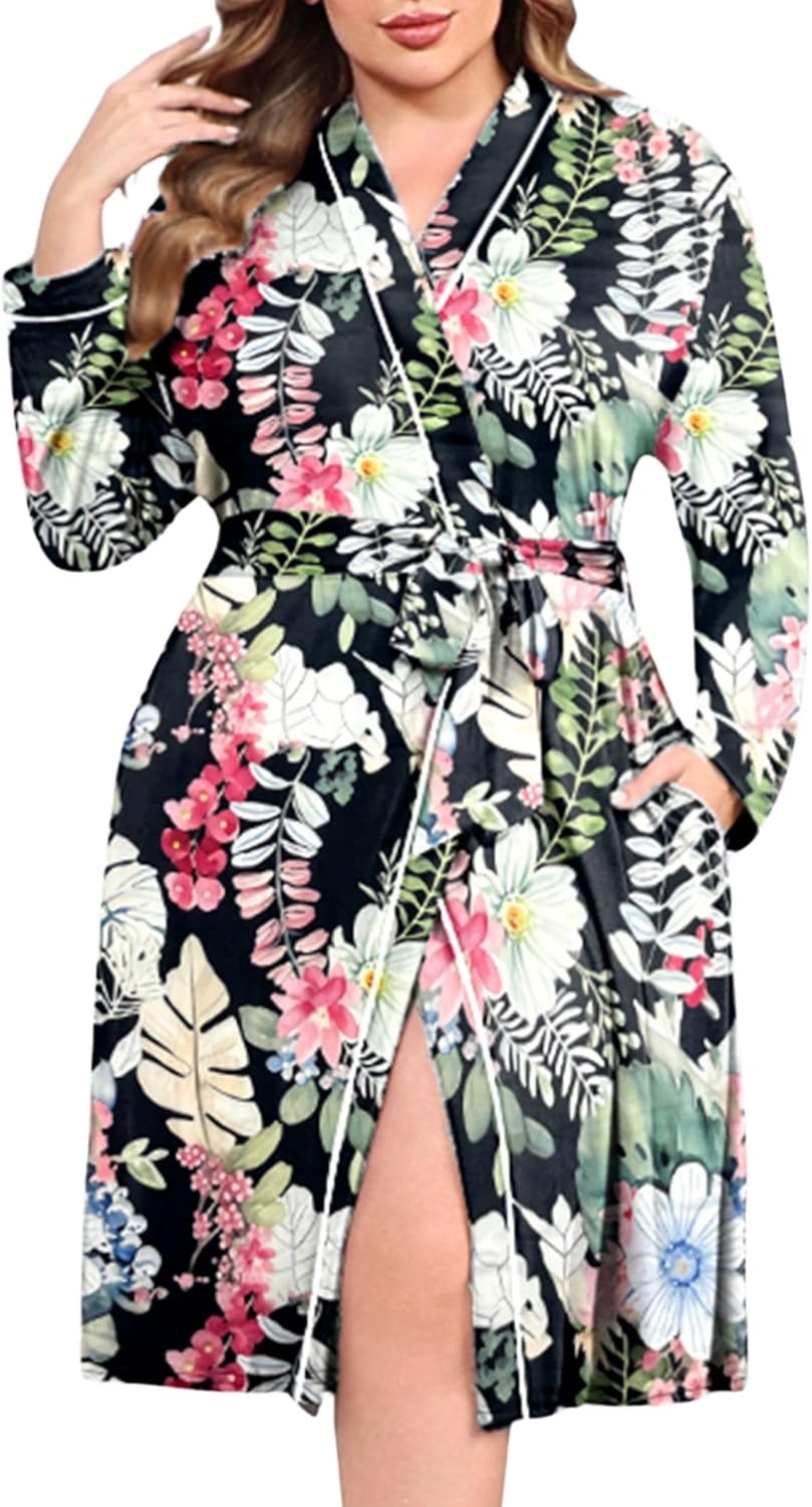 Ekouaer Plus Size Robes for Women Lightweight Bathrobe V Neck Kimono Loungewear Soft Maternity Robes with Pockets 1X-5X