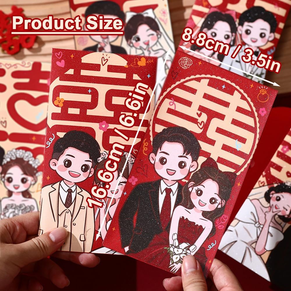 Red Envelopes for Chinese Wedding, 6 Pieces Glittery Red Packets Money Envelopes of Cute Cartoon Bride and Groom Patterns, Traditional Chinese Wedding Accessories Hong Bao image 4