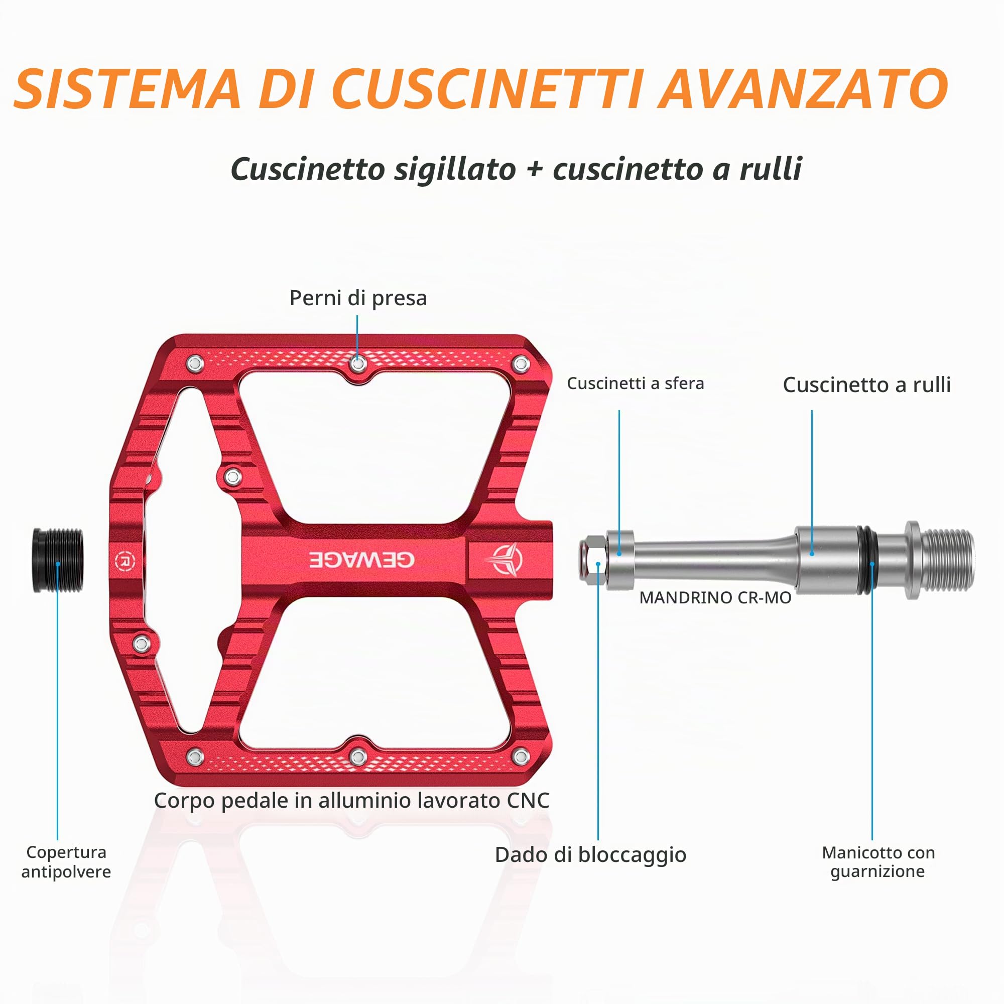 GEWAGE Pedali MTB – Alluminio lavorato CNC, ampia superficie, cuscinetto a rulli sottili + cuscinetto a sfere 638, sabbiato & anodizzato, ideale per mtb& Gravel