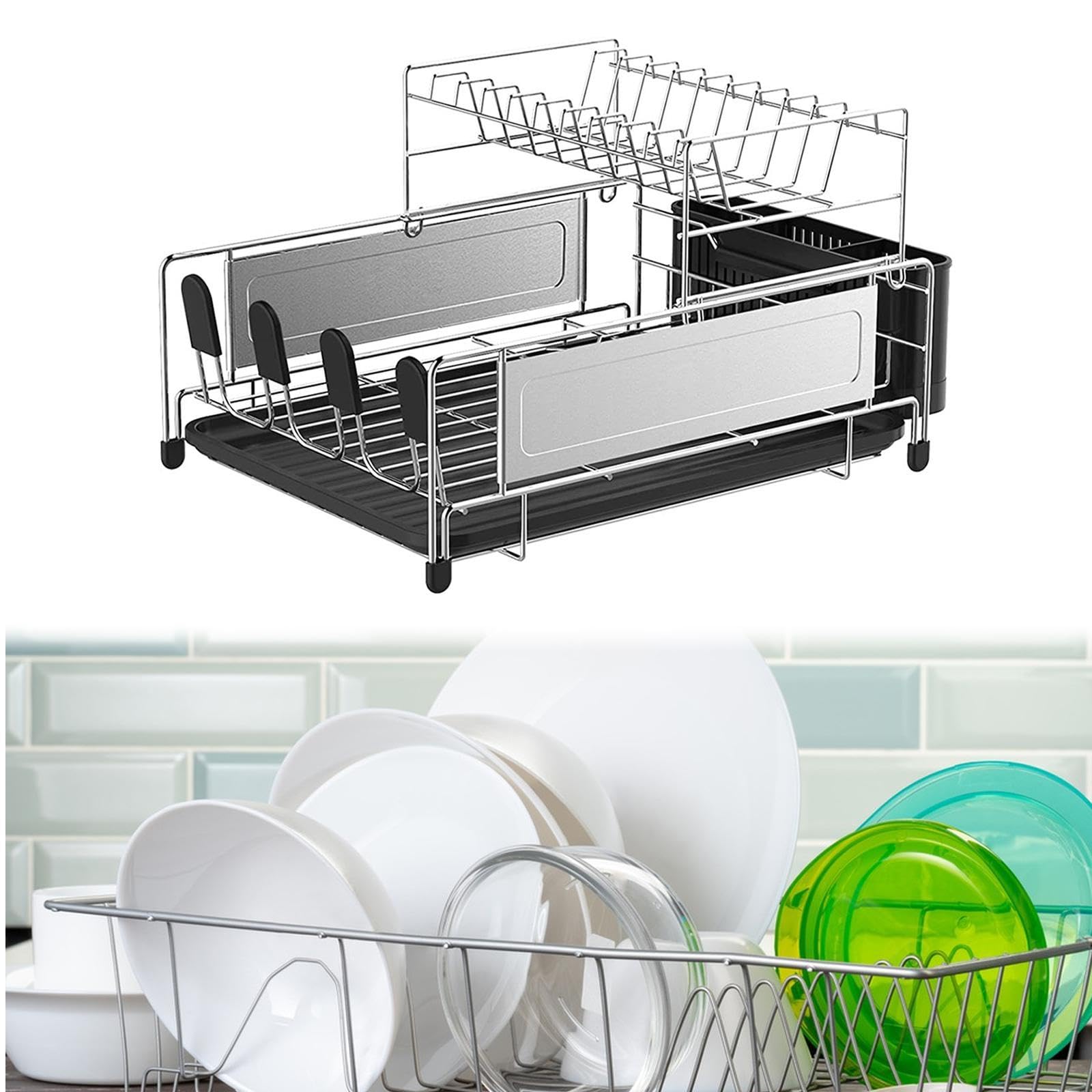 Escurridor de Platos Soporte para Vajilla Estante Portacubiertos Portavasos Base Removible Estructura de Acero Inoxidable Adecuado para Secado Utensil