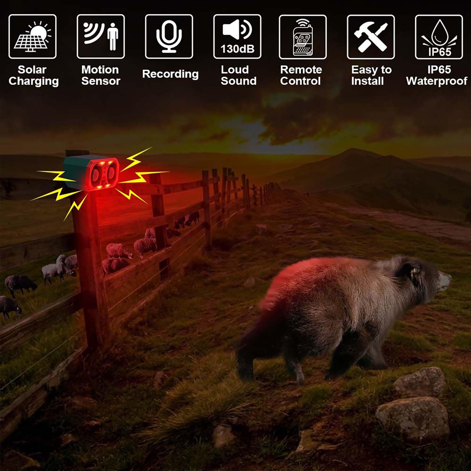 Solar-Sound- und Stroboskop-Lichtalarm, Bewegungsmelder, Sirene, 13 Töne und Aufnahme, Dual-Lautsprecher, 130 dB, Hundebellen, lauter Geräuschmacher, Sicherheitswarnsystem für Zuhause,