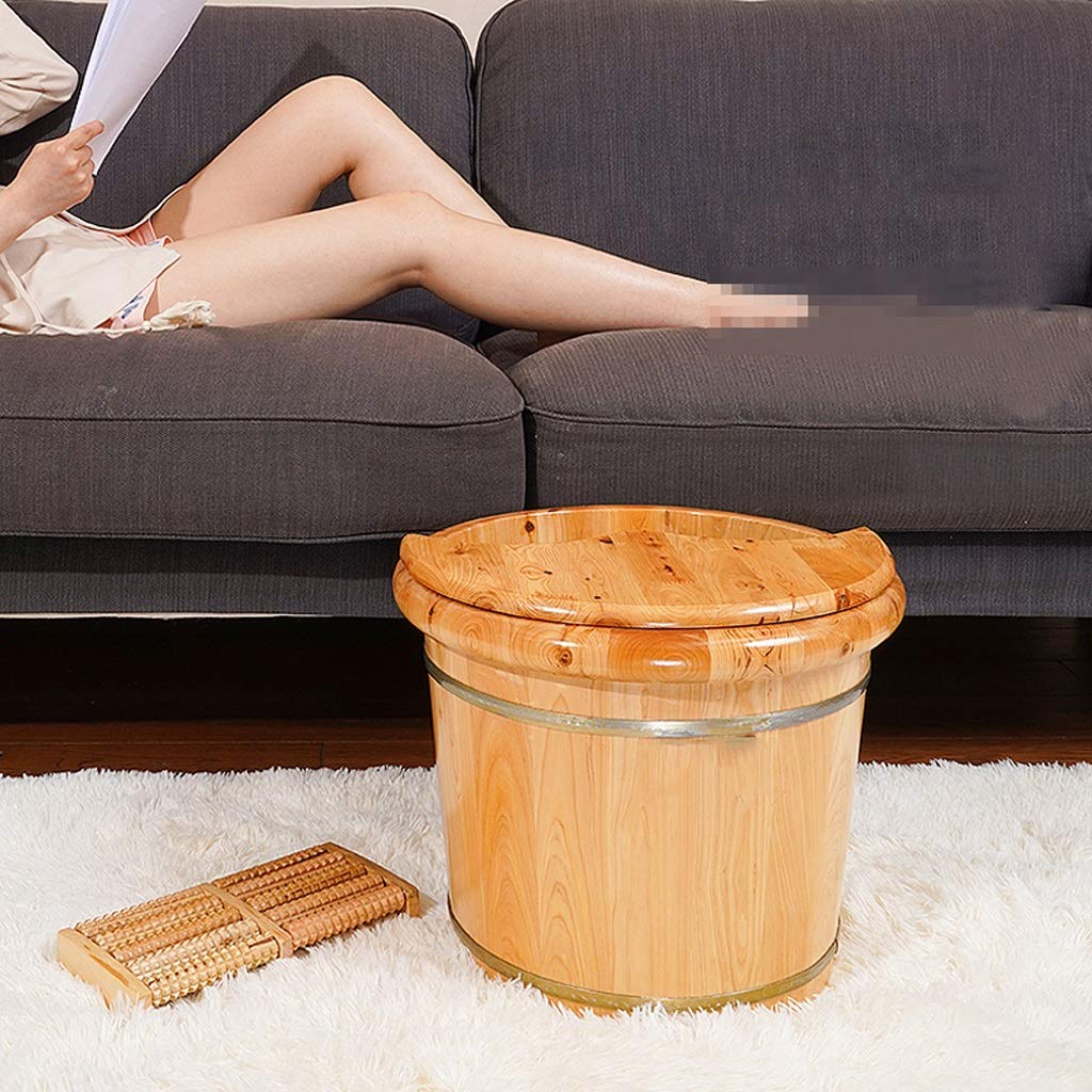 Fußbad-Spa-Fußbadewanne mit Deckel, Fußbad aus Holz, Fußfass, Massage-Pediküre-Spa-Becken zum Einweichen müder und schmerzender Füße, Fußbad-Eimer und Einweichschale, 30 cm,Beige+with Lid