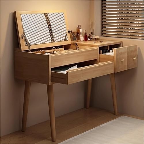 Miniatura 8 de Solid Wood Vanity Desk with Plip Top Mirror Makeup Vanity Table with 4 Storage Drawers Space Saving Dressing Table for Bedroom Dressing Room,for
