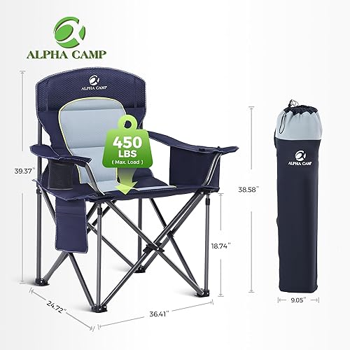 Miniatura 2 de ALPHA CAMP Silla de camping de gran tamaño, silla de césped resistente con soporte de bolsa enfriadora de 450 libras, marco de acero plegable, con