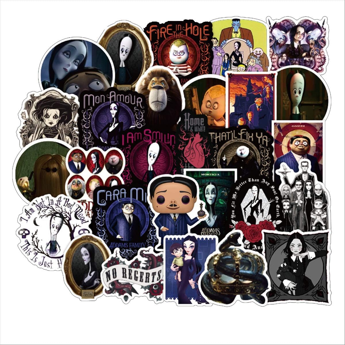 The Addams Family Theme Stickers 50Pcs Cartoon Vinyl Waterproof Lovely Boy and Girl Sticker for Laptop Computer Hydroflask Diarys Desk Bedroom Wardrobe Car Skateboard Bicycle Luggage Guitar DIY Decal