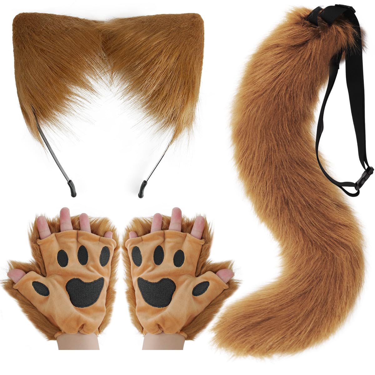 DRESHOW Wolf Fox Fur Tail Ears Headband and Gloves Set Cosplay Party Costume Super Huge Fluffy Tail for Women