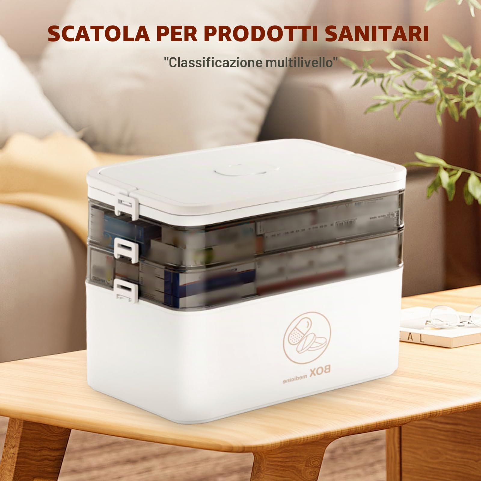 PORFOYO Scatola per medicinali a 3 ripiani, grande scatola per medicinali, con maniglia per la conservazione dei medicinali, organizer bianco, cassetta di pronto soccorso, valigetta per medicinali