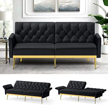Velvet Futon Sofa Bed w/Adjustable Armrests & Backrests, Button Tufted Sleeper Couch, Modern Convertible Loveseat Sofa for Bedroom, Living Room, Apartment, Black