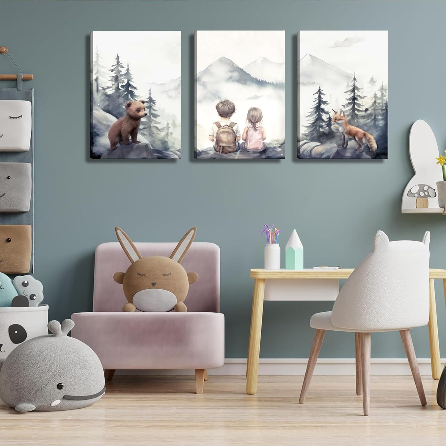 3Pcs Adventure Nursery Canvas Wall Art Woodland Animals Bear & Fox Wall Decor Watercolor Mountain Kids Posters Prints for Classroom Baby Room Decorations