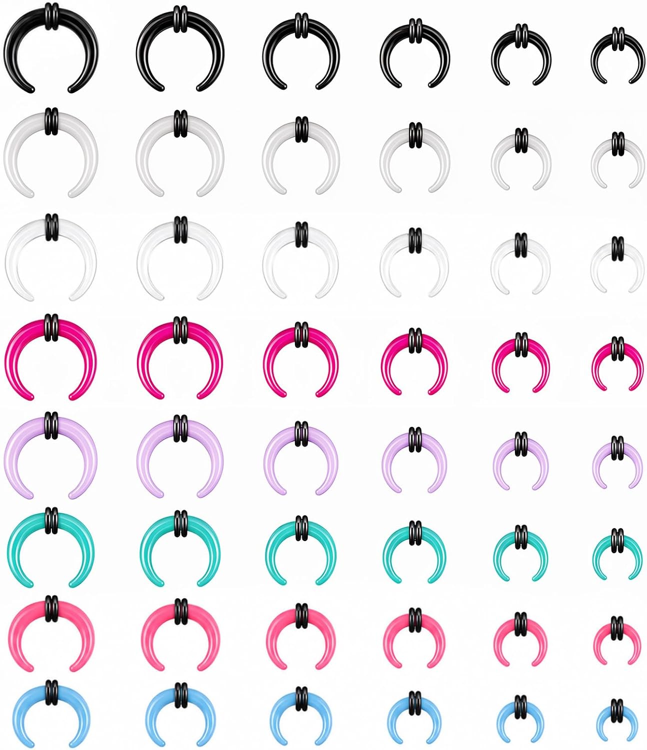 48 Pcs Acrylic Septum Pincher Tapers Septum Stretching Rings Kit C-Shape Piercing Retainer Jewelry With Black O-Rings for Pierced Women Man Ear Cartilage Nose Tragus, Size 14G 12G 10G 8G 6G 4G