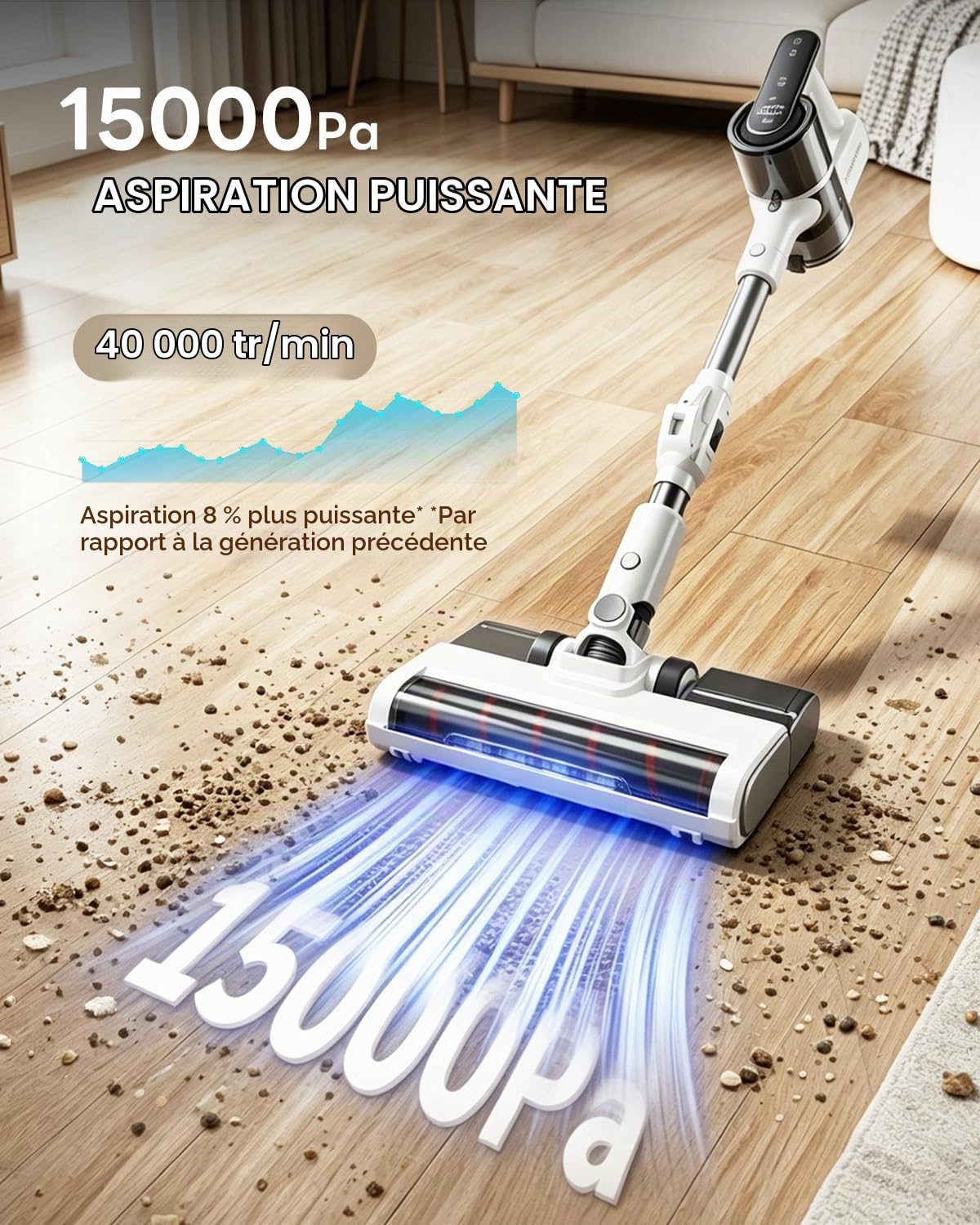 Aspirateur Balai Sans Fil, 15 000 Pa/40 000 RPM/30 Min, Aspirateur Laveur Autoportante avec Tube Pliable, Lumière Verte, Filtration Anti-Allergènes, pour Poils d'Animaux, Tapis, Sols Durs, Voiture