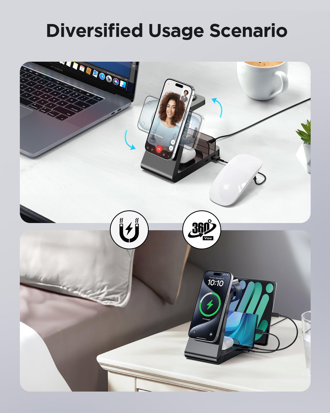 Stazione di ricarica per iPhone, dock di ricarica wireless 5 in 1 per Apple - Stazione di ricarica sicura per più dispositivi Apple iPhone 16, 15, 14, 13, 12 Pro Max Plus, Apple Watch iWatch