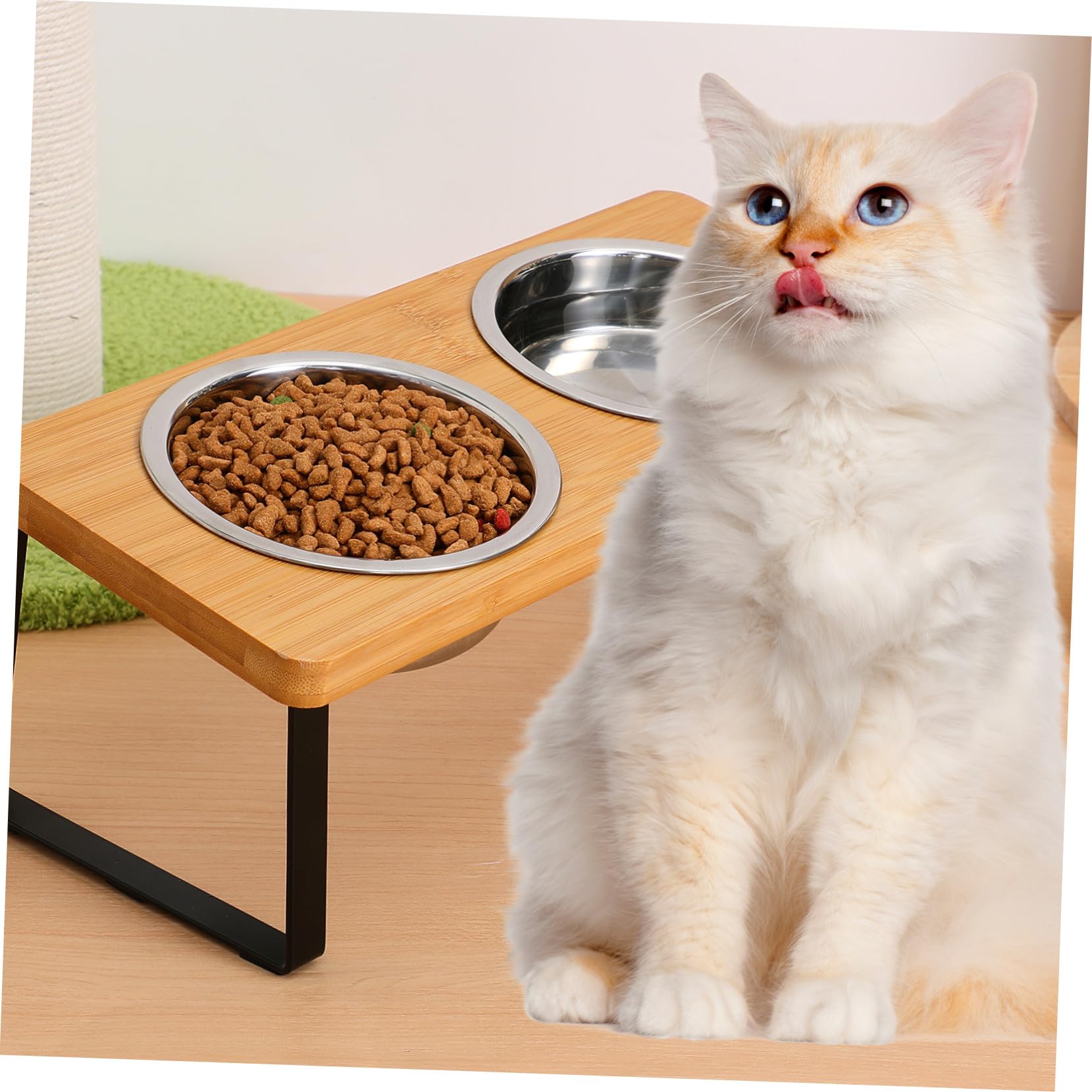 Ciotola per Gatti Rialzata con Doppie Vasche in Acciaio Inox | Supporto in Legno, Uso Indoor, Altezza Ergonomica, Adatta a Gatto e Cane Piccolo