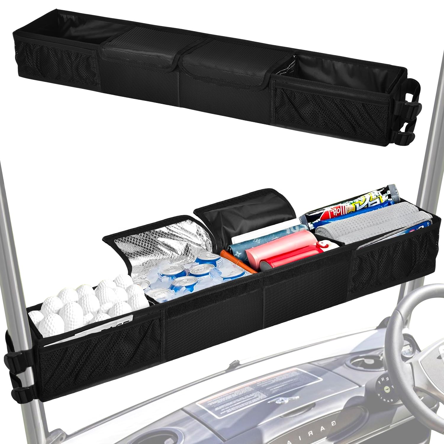 Grekos Golf Cart Inner Storage Tray, Upgraded 1680D Golf Cart Front Storage Basket with Insulated Cup Holders, Tray Compatible with EZGO,Club Car,Drive,ICON (Black)