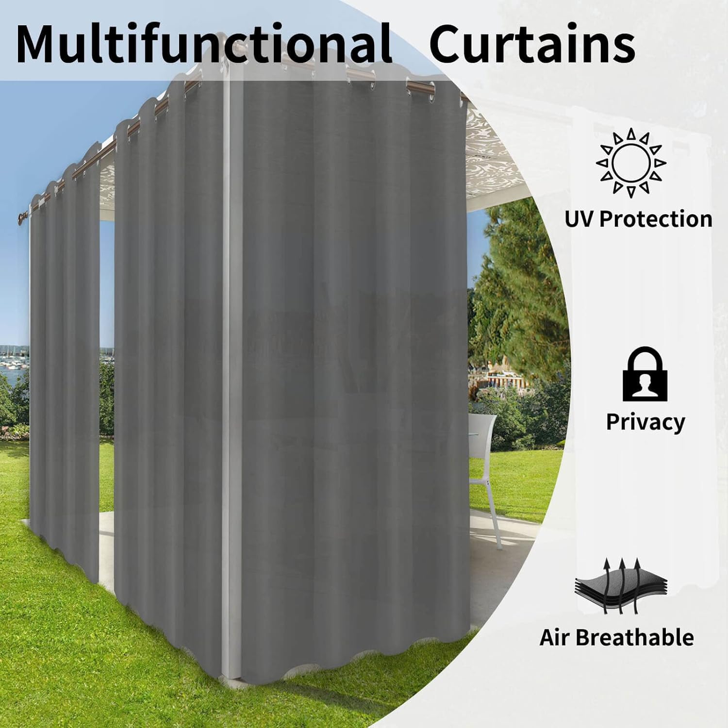 OutdoorLines Waterproof Indoor Outdoor Curtains for Patio-Privacy Sun Blocking Grommet Curtain Panel Weatherproof, UV Resistant Curtains for Gazebo, Front Porch, Pergola Grey 100W x 84L Inch 1 Panel