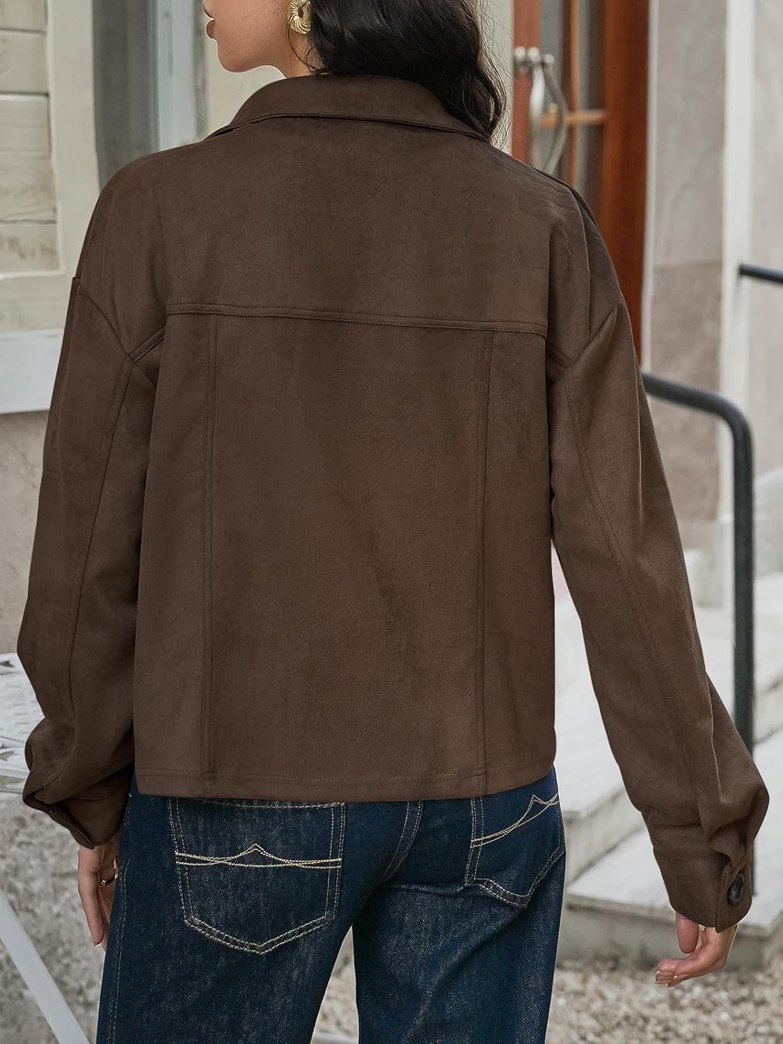 Tankaneo Womens Cropped Faux Suede Leather Jackets Lapel Collar Button Down Short Coats Fall Winter Vintage Trendy Shackets - Image 4