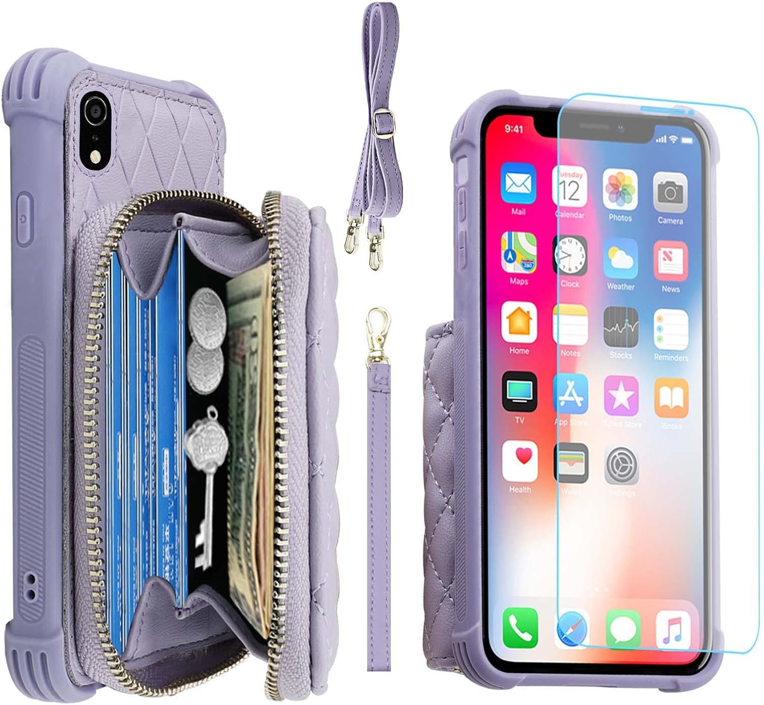 MONASAY Zipper Wallet Case for iPhone XR,[Glass Screen Protector ][RFID Blocking] Flip Leather Handbag Phone Cover with Card Holder and Detachable Crossbody Shoulder Lanyard Strap, Light Purple