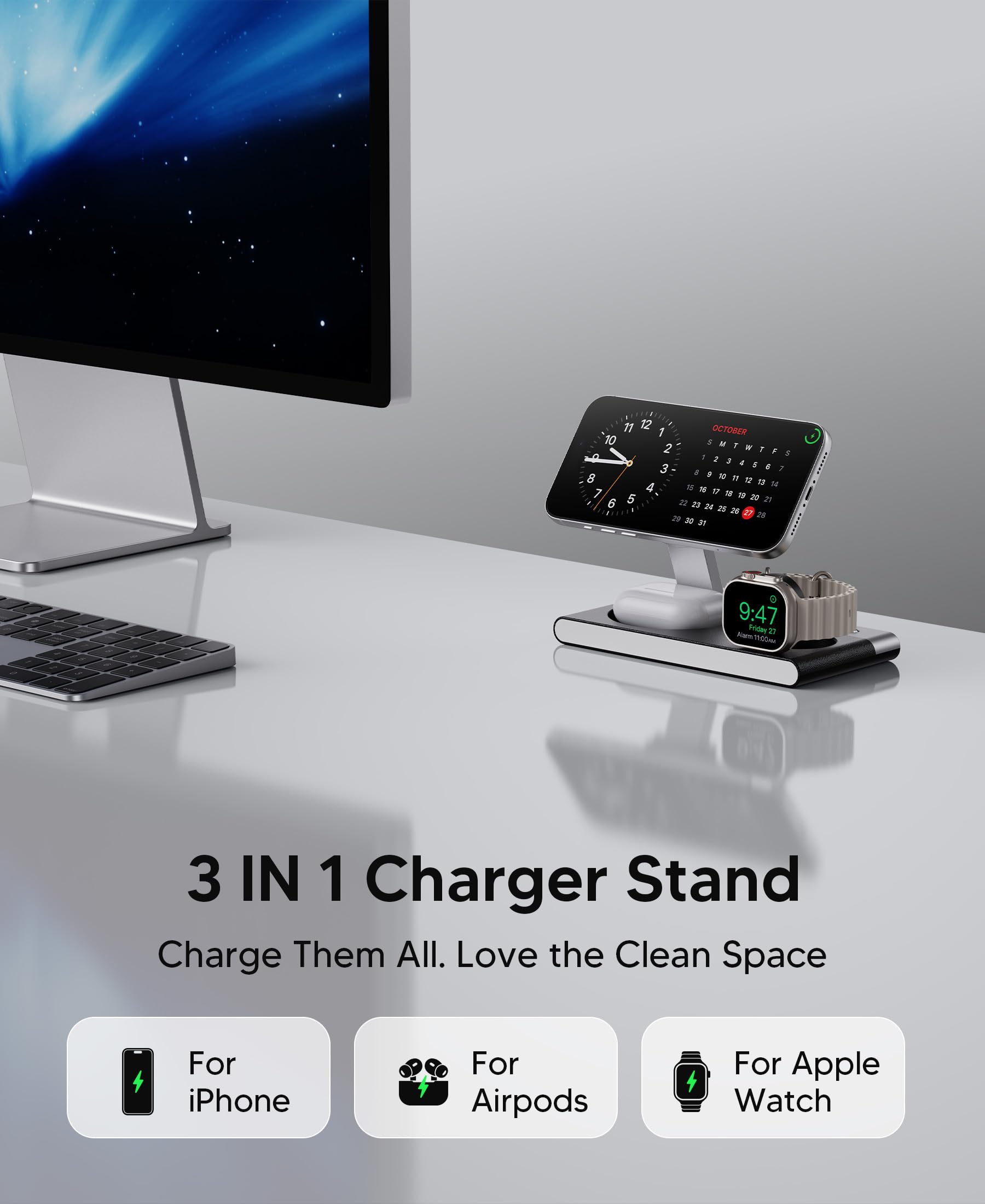Estación de carga inalámbrica magnética plegable 3 en 1 para dispositivos Apple, base de carga inalámbrica similar al cuero con luz nocturna para iPhone 17/16/15/14/13/12, Apple Watch, AirPod