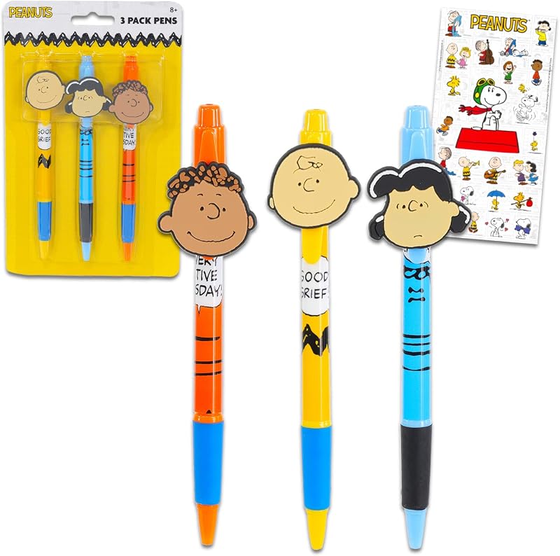 Peanuts Pens Gift Set - Bundle with 3 Charlie Brown Pens with Clip Plus Stickers | Peanuts Office Desk and School Supplies | Charlie Brown Cute Character Pens With Charlie, Lucy, Franklin Charms Plus Stickers, More | Snoopy School, Office Supplies