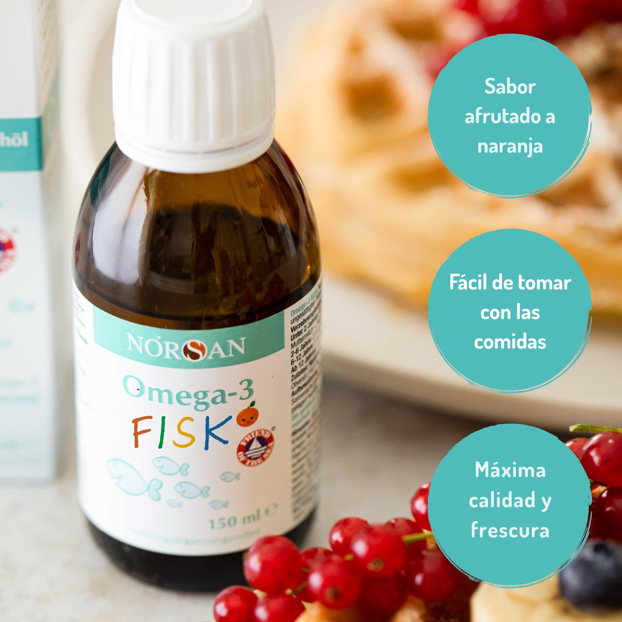 NORSAN OMEGA 3 FISK hautement dosé 150 ml/oméga-3 pour enfant 1.120mg par dose journalière/omega 3 enfant avec EPA & DHA/dose journalière 1 cuillère à café huile de poisson