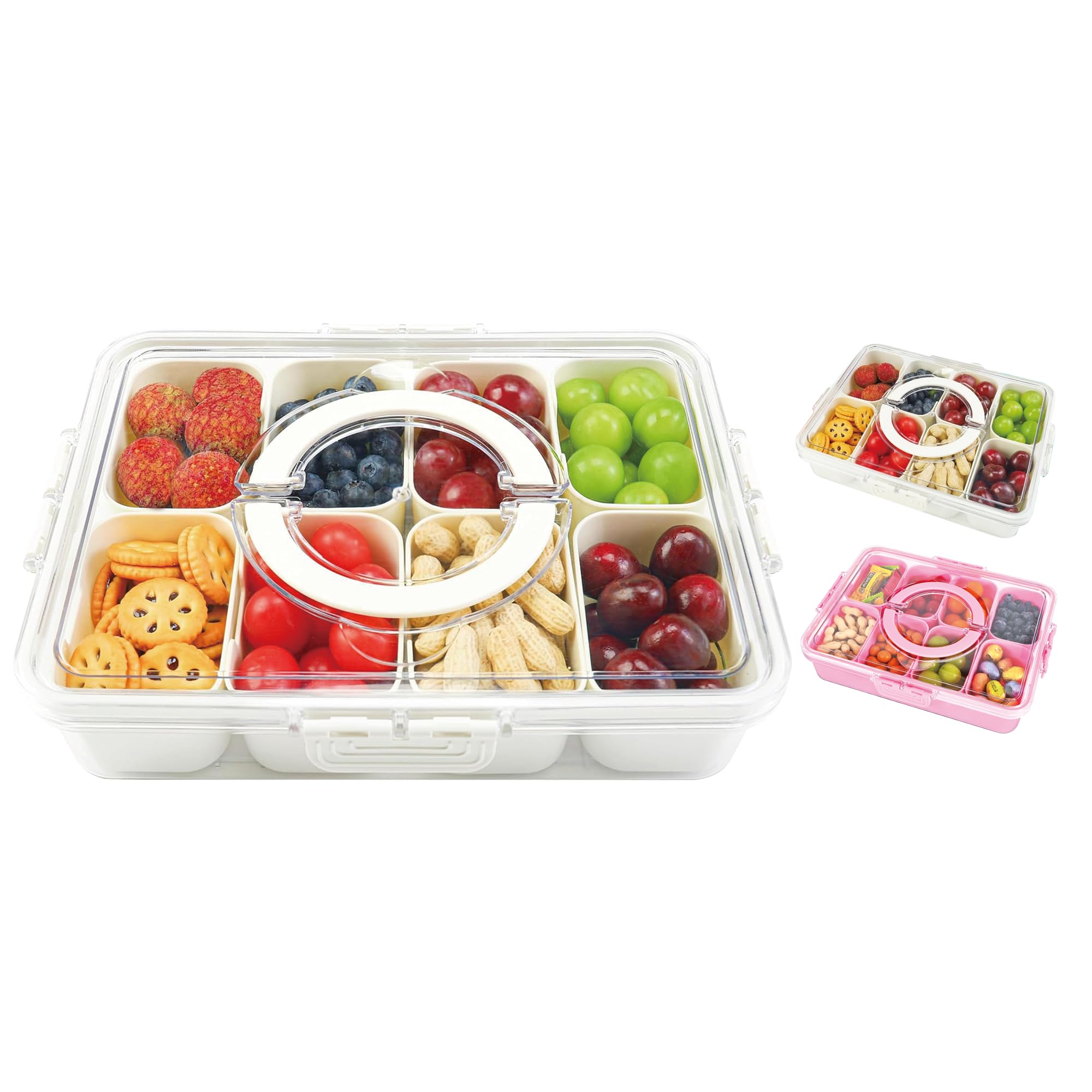 Snackle Box Container, 8 Compartment Divided Serving Tray with Lid and Handle, Snack Box Container for Candy, Fruit and Snacks, Great for Gatherings, Outings, Parties and Entertaining
