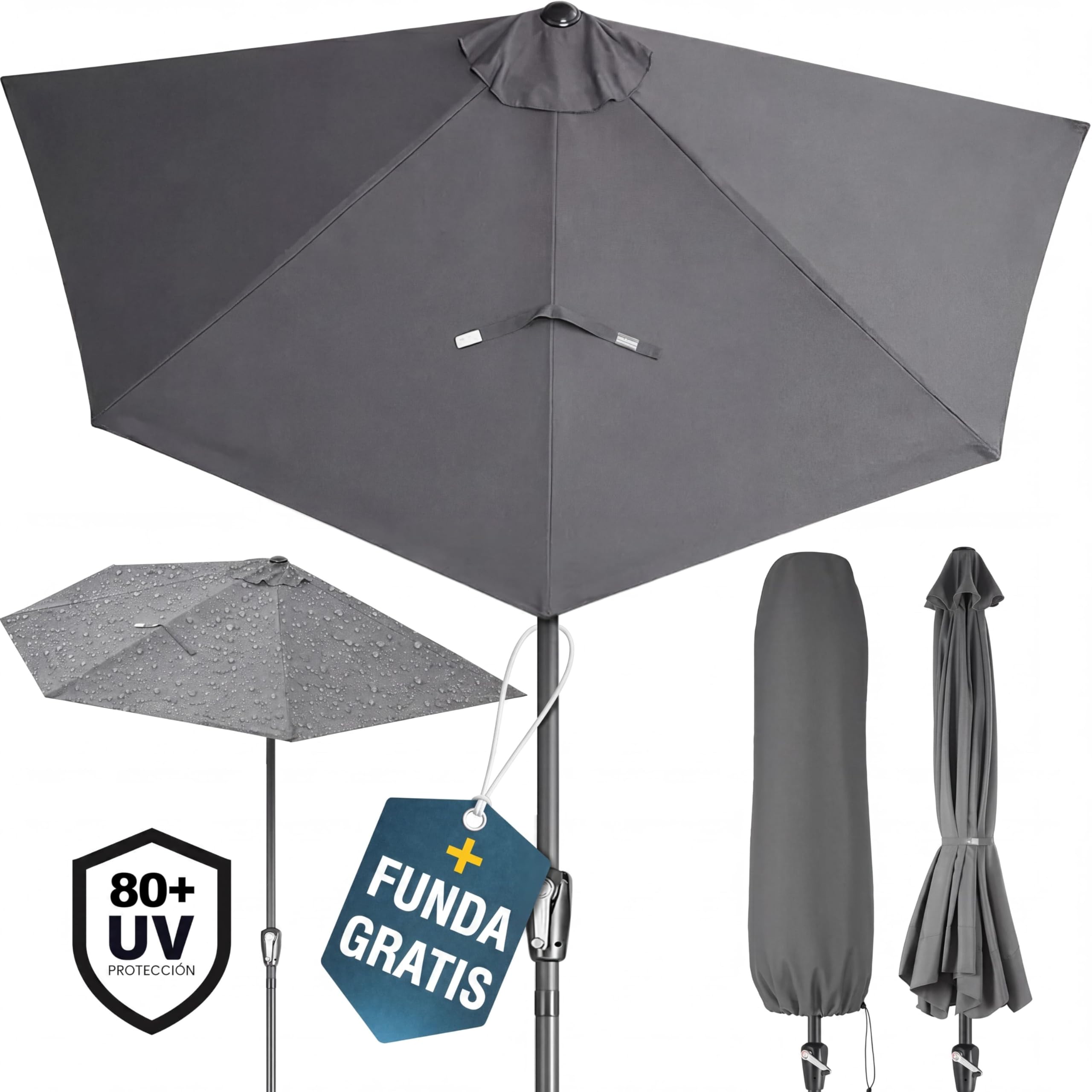 Kingsleeve Sombrilla Jardín 2,7m Semicircular UV80+ Manivela Antracita | Parasol, Estructura Acero, Resistente Intemperie, Apertura Suave, Funda Protectora, Repelente Agua, Terraza, Balcón, Verano